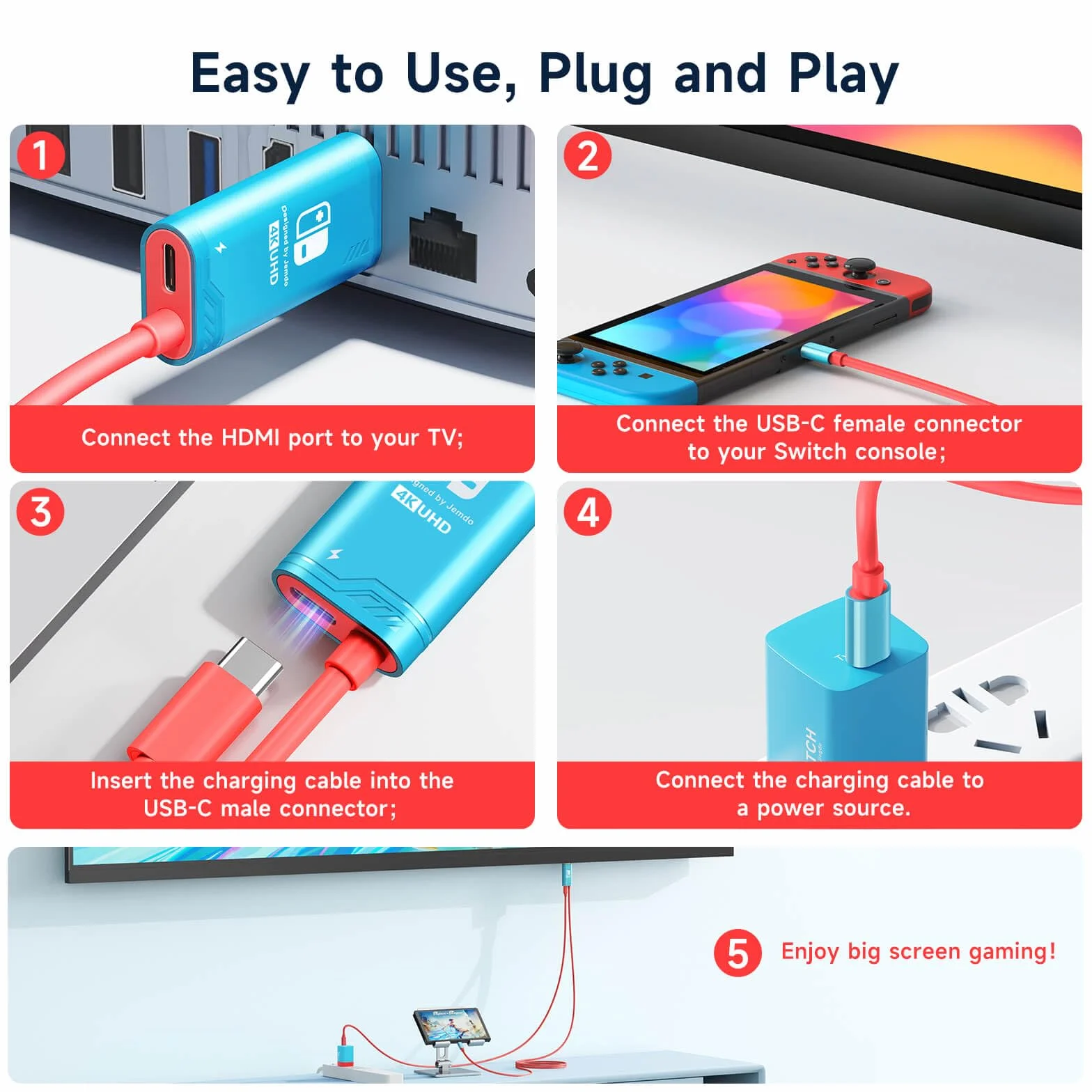 JEMDO Kabel USB C na HDMI 3 m 4K 30 Hz kompatybilny z Nintendo Switch Steam Deck laptop telefon