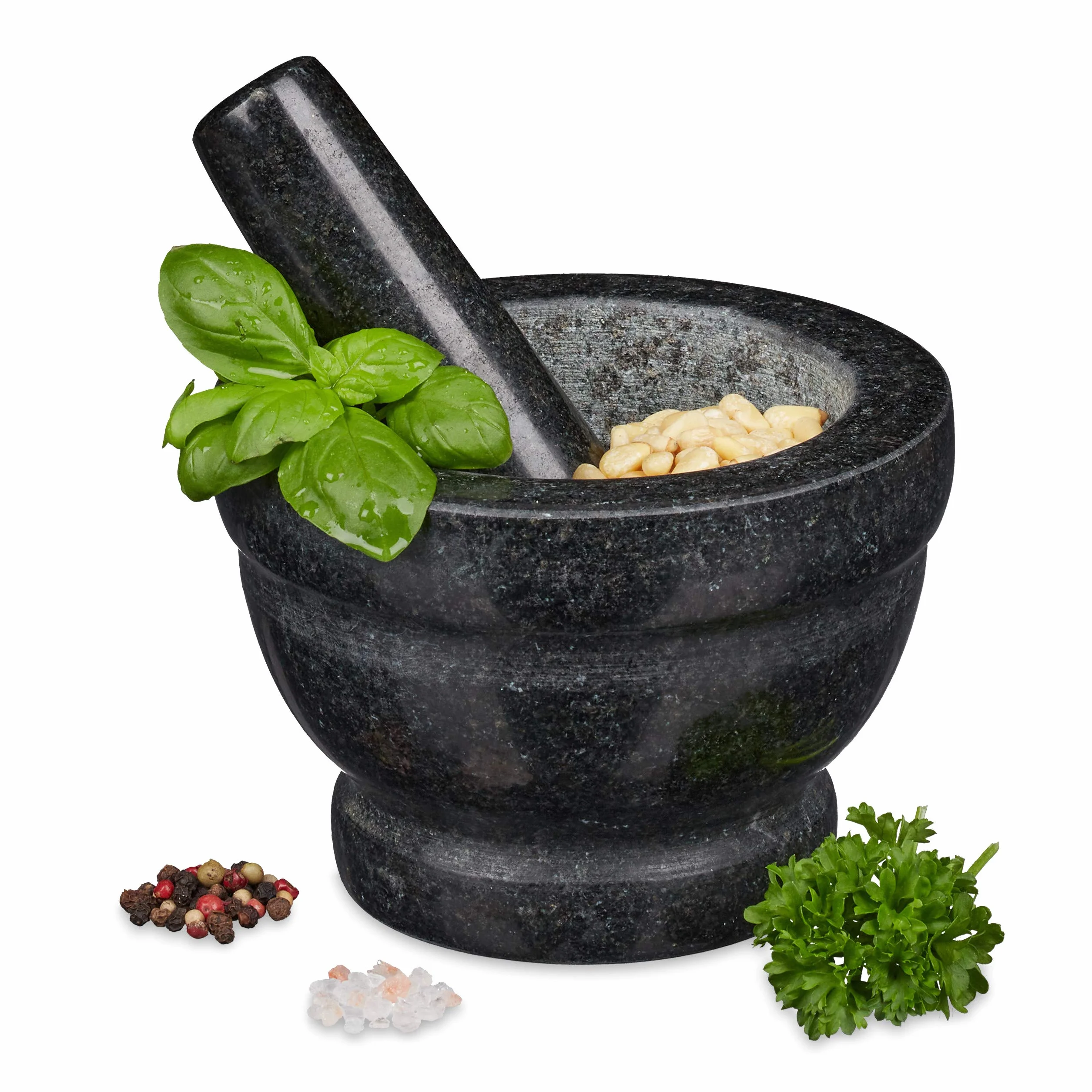 Relaxdays moździerz kuchenny z tłuczkiem, granitowy rozdrabniacz, ciężki ubijacz, miska do kruszenia Ø14cm, 400ml, szary