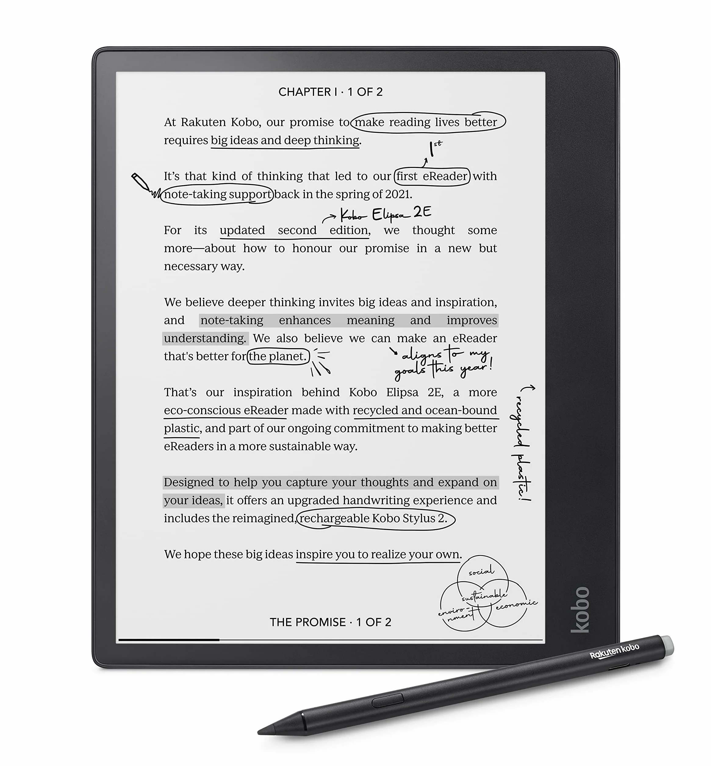 Kobo Elipsa 2E | czytnik | 10,3 cala bez refleksów ekran dotykowy z ComfortLight Pro | Zawiera rysik Kobo 2 | Regulowana jasność | Wi-Fi | Technologia Carta E Ink | Pojemność 32 GB