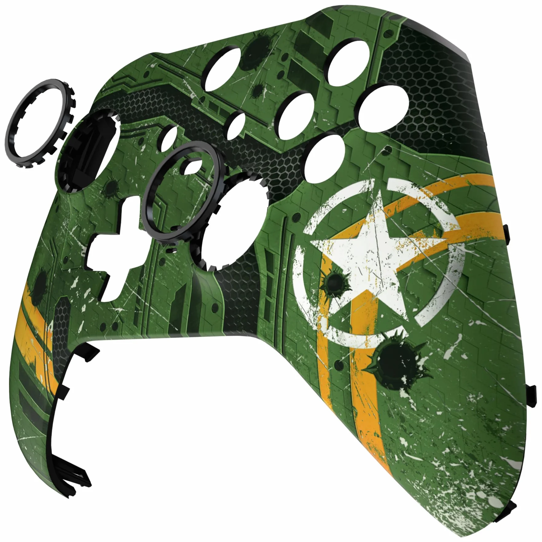 eXtremeRate Army Mecha Soft Touch Grip Błyszcząca Osłona Płyty Czołowej, Zestaw Zamienny Obudowy Shell Case Przedniej dla Xbox One Elite Series 2 Controller Model 1797 - Thumbstick Accent Rings Dołączony