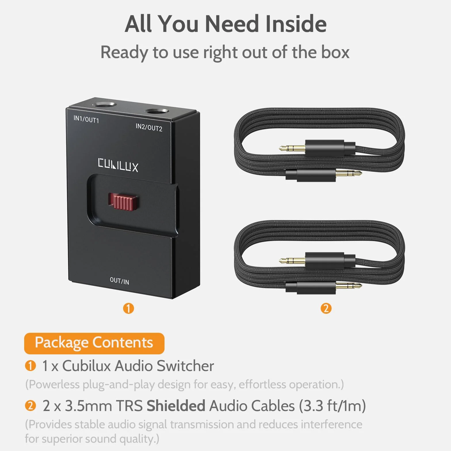 Cubilux Selektor audio 3,5 mm, dwukierunkowy przełącznik 2 w 1-out lub 1-in-2-out 1/20.3 cm TRS przełącznik słuchawkowy, ultrakompaktowa aluminiowa obudowa, pasywny przełącznik A/B AUX, kompatybilny z