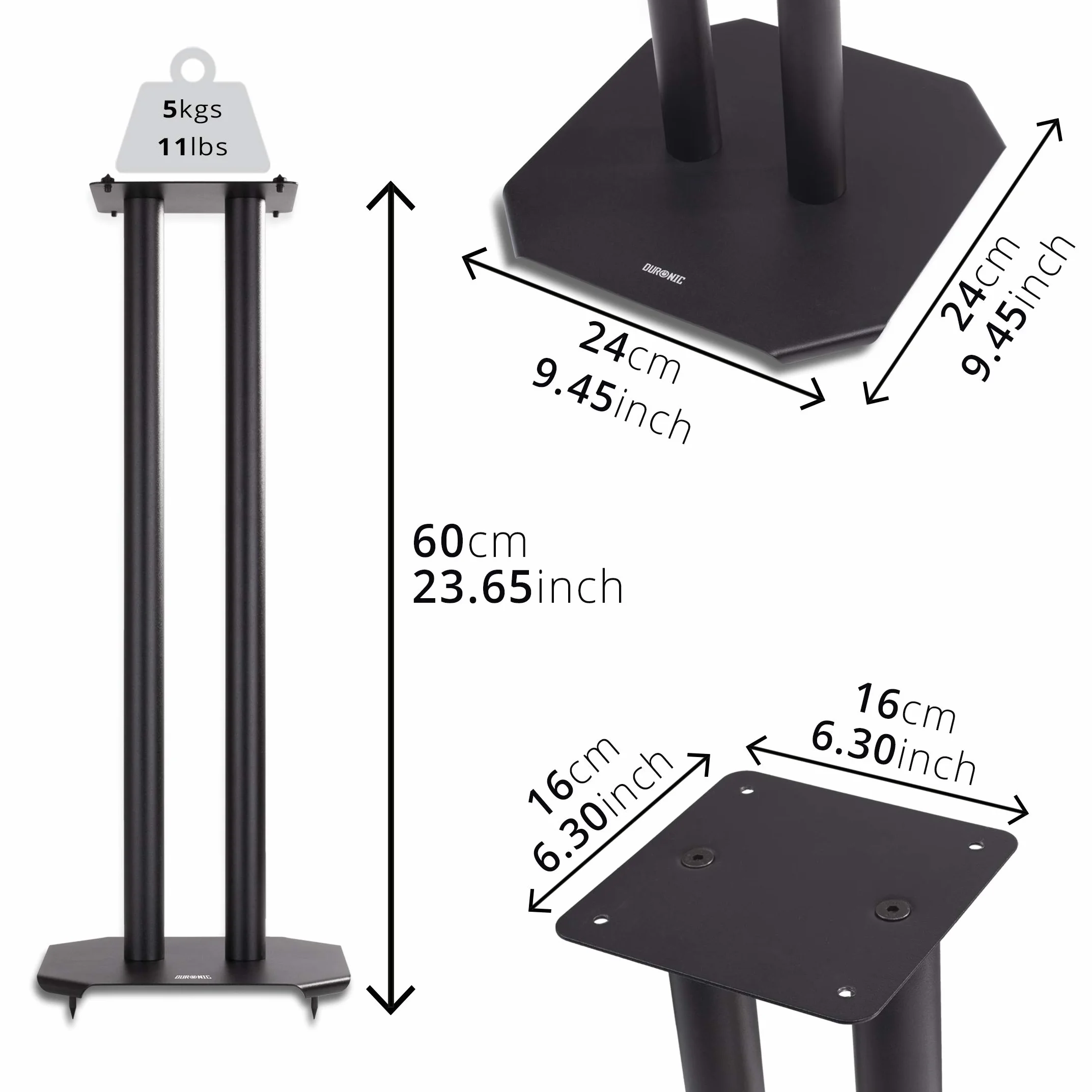 Duronic SPS1022 /60 Stojak do głośników 60 cm wysokości w zestawie 2 sztuki | podstawa na głośniki | stand | kino domowe | demontowalne kolce dla redukcji drgań | do kina domowego Hi-Fi stereo