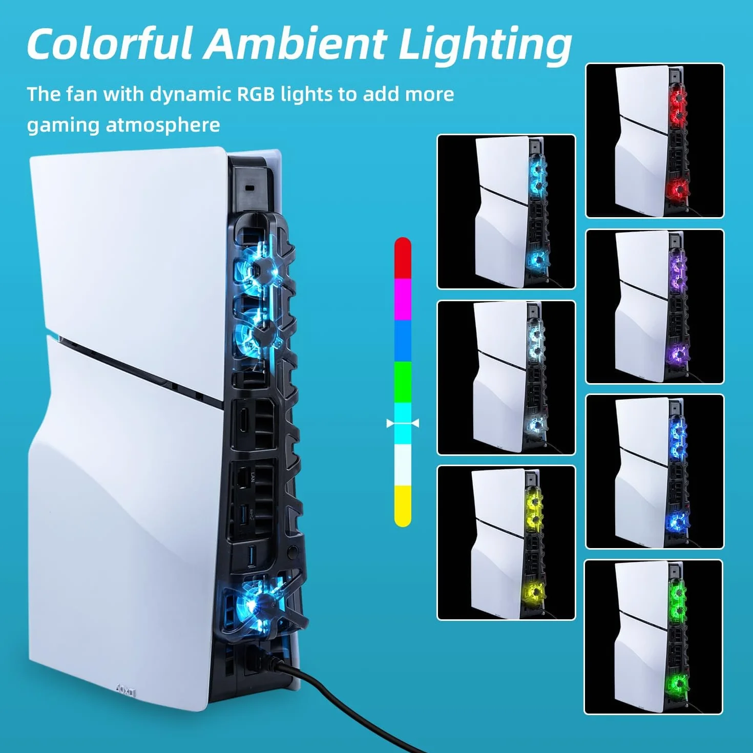 Wentylator chłodzący PS5 Slim z kolorowym światłem LED, cichy wentylator z regulacją temperatury do konsoli PS5 Slim DE/UHD, 3 tryby - czarny - nie dla PS5/PS5 Pro