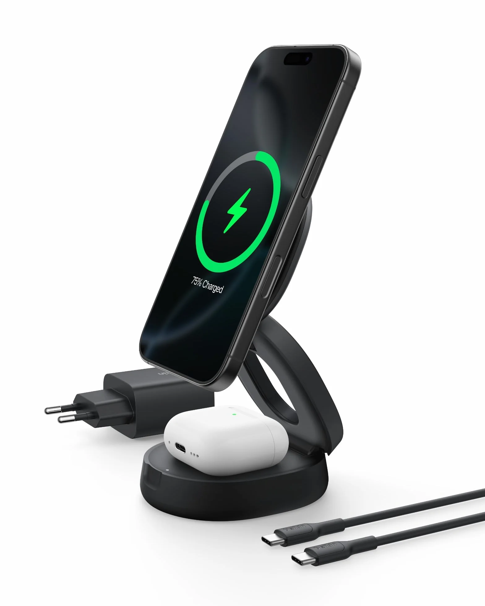Belkin 2 w 1 Przenośna ładowarka Bezprzewodowa, Rozkładana Bezprzewodowa Stacja ładująca o mocy 15 W, zgodna z MagSafe ładowarka Qi2 do urządzeń iPhone 16 i AirPods, w zestawie ładowarka 30 W – Czarna
