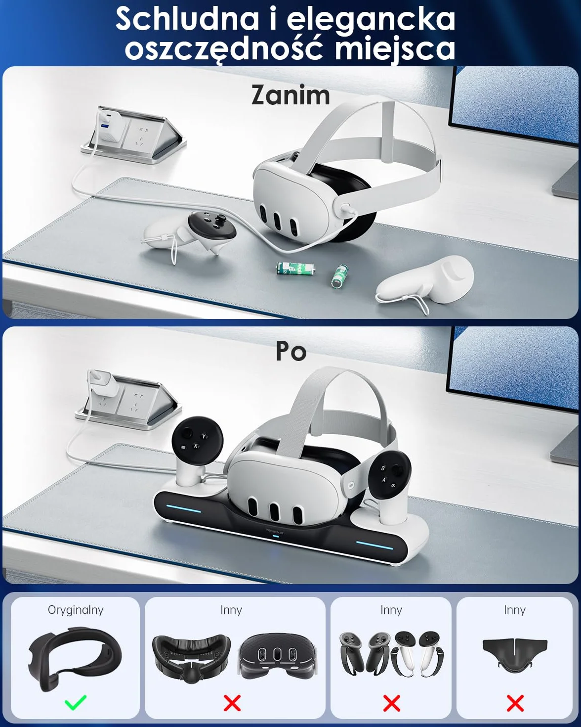 Stacja ładowania Quest 3 z drop-in charging headsets i kontrolerami akcesoria z 2 akumulatorami