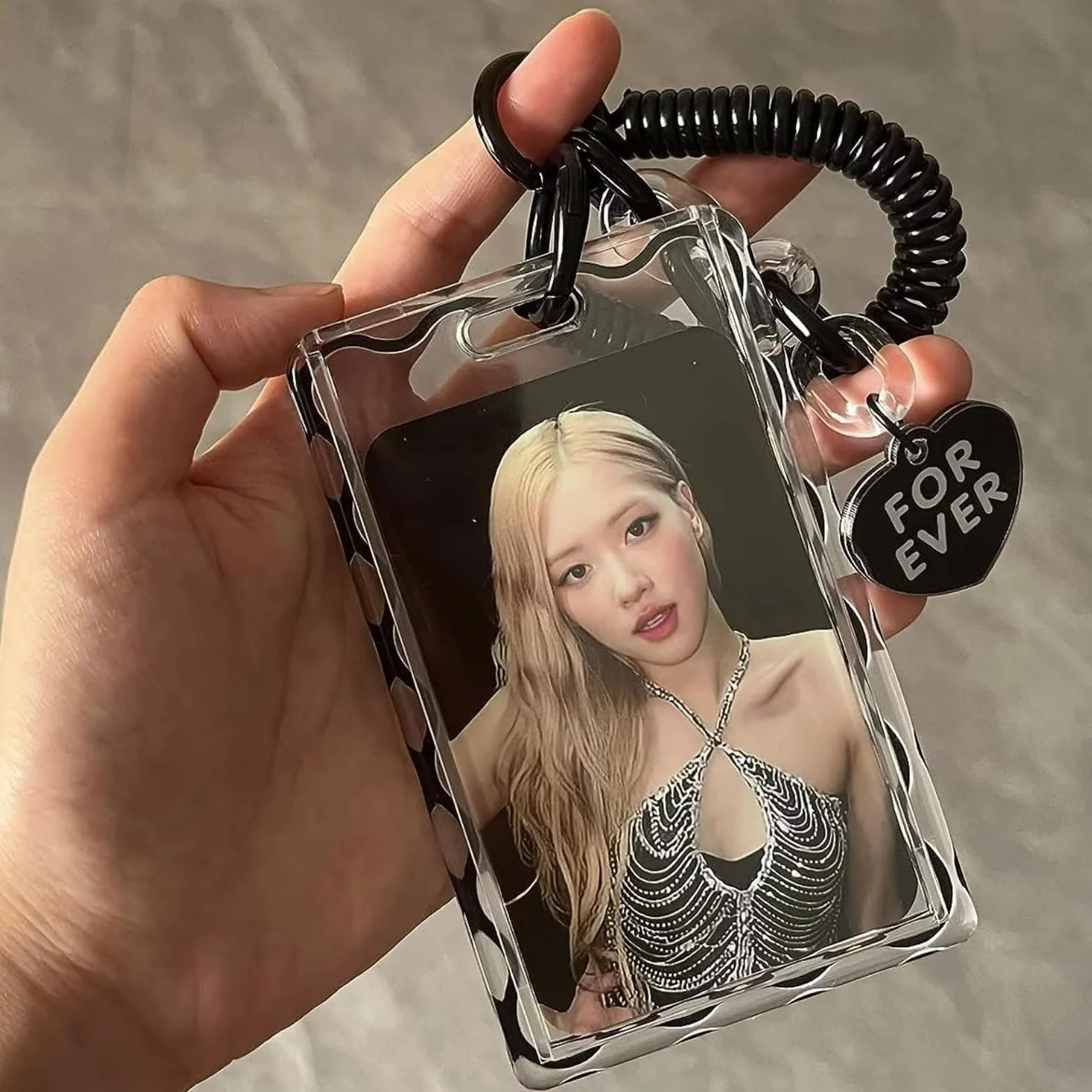 KPOP Etui na fotokartkę, przezroczyste, czarne, akrylowe etui na karty, ramki na zdjęcia, górne ładowarki do kart, brelok, uroczy design, album KPOP - B