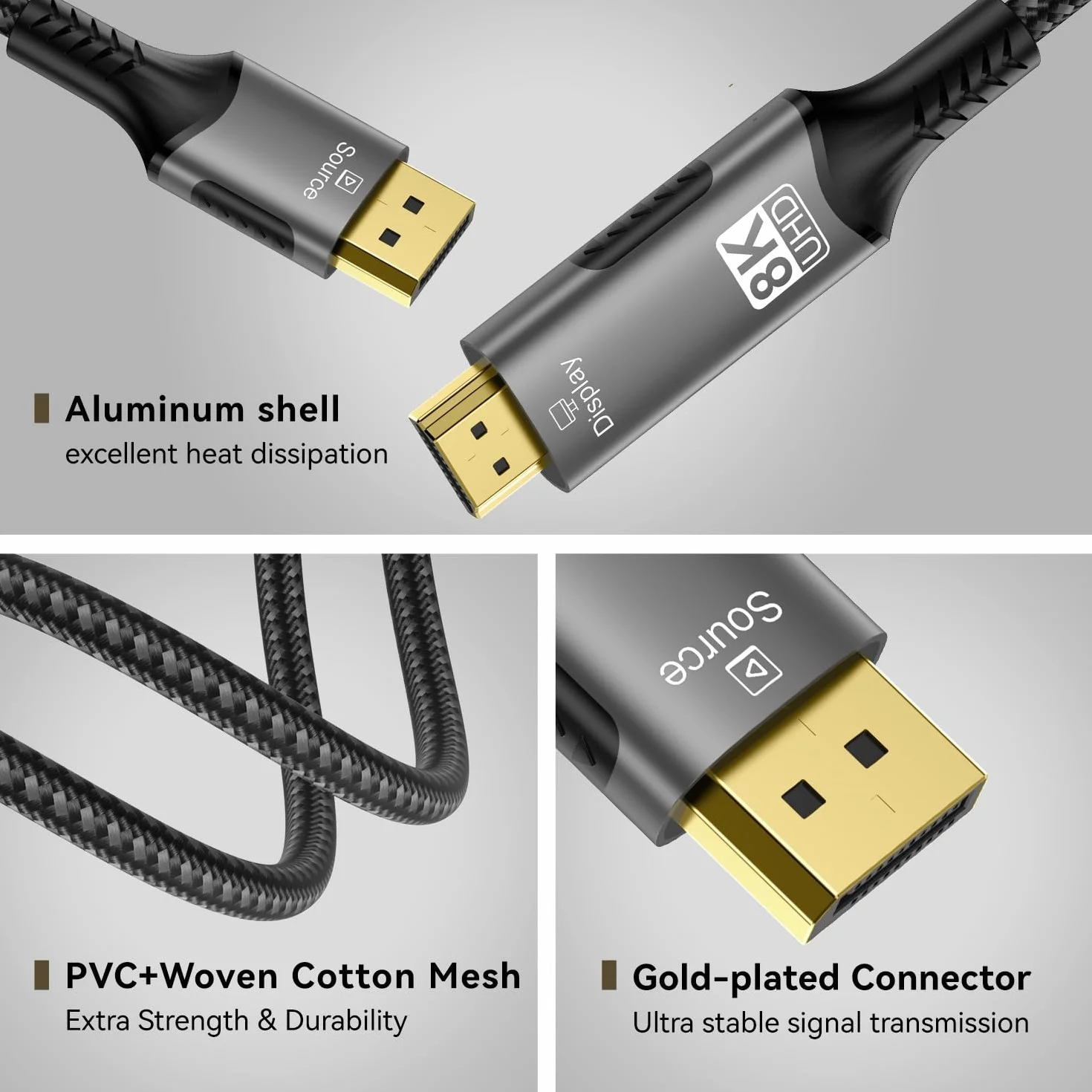 PremiumCord Kabel 8K DisplayPort 1.4 do HDMI 2.1, Męski do Męskiego, Rozdzielczość 8K@60Hz, 4K@144Hz, Full HD 1080p, HDCP2.2, Kolor: Czarny, Długość: 2m