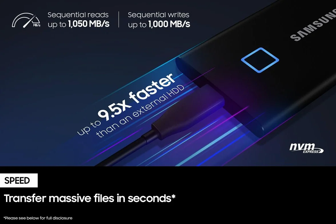 Samsung T7 Touch Portable SSD - 1 TB - USB 3.2 Gen.2 External SSD Metallic Black (MU-PC1T0K/WW)