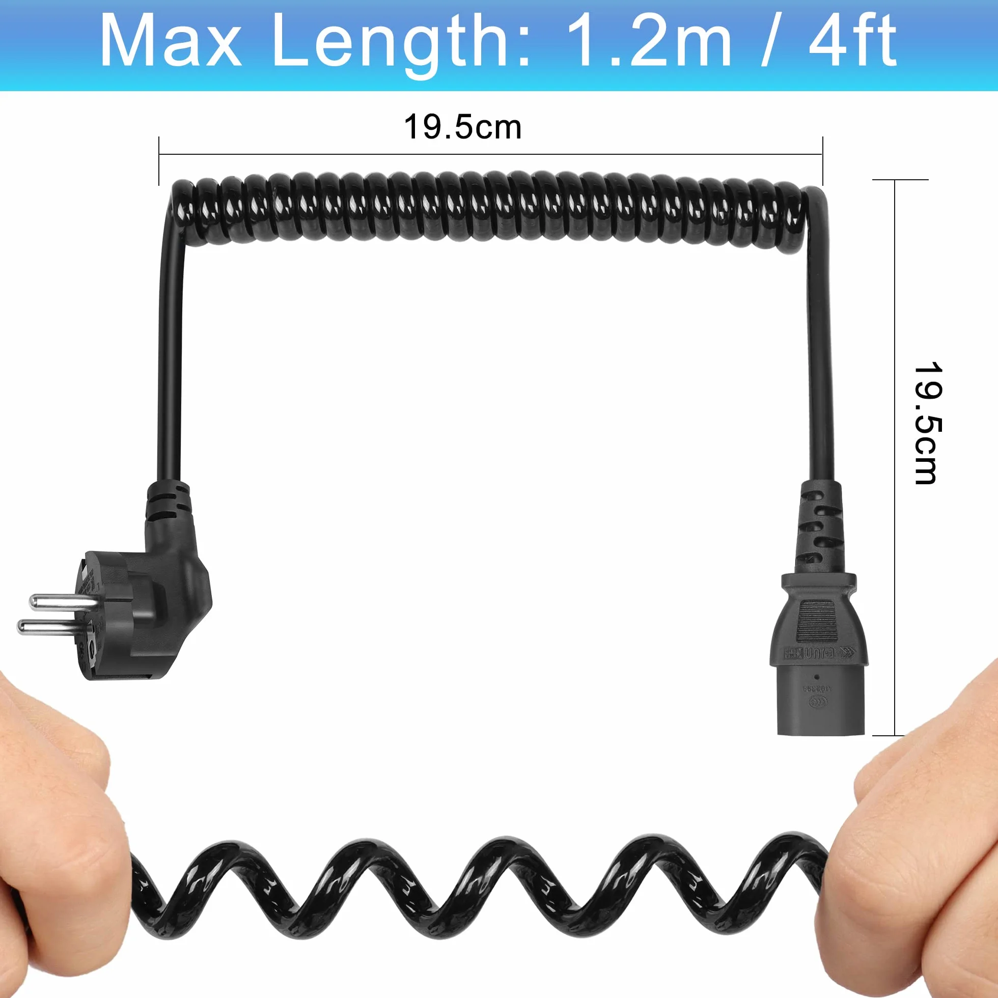 GELRHONR 90° Wygięty kabel zasilający do urządzeń zimnych CEE 7/7 na C13, spiralny kabel zasilający do monitorów, komputerów, drukarzy, skanerów, telewizorów