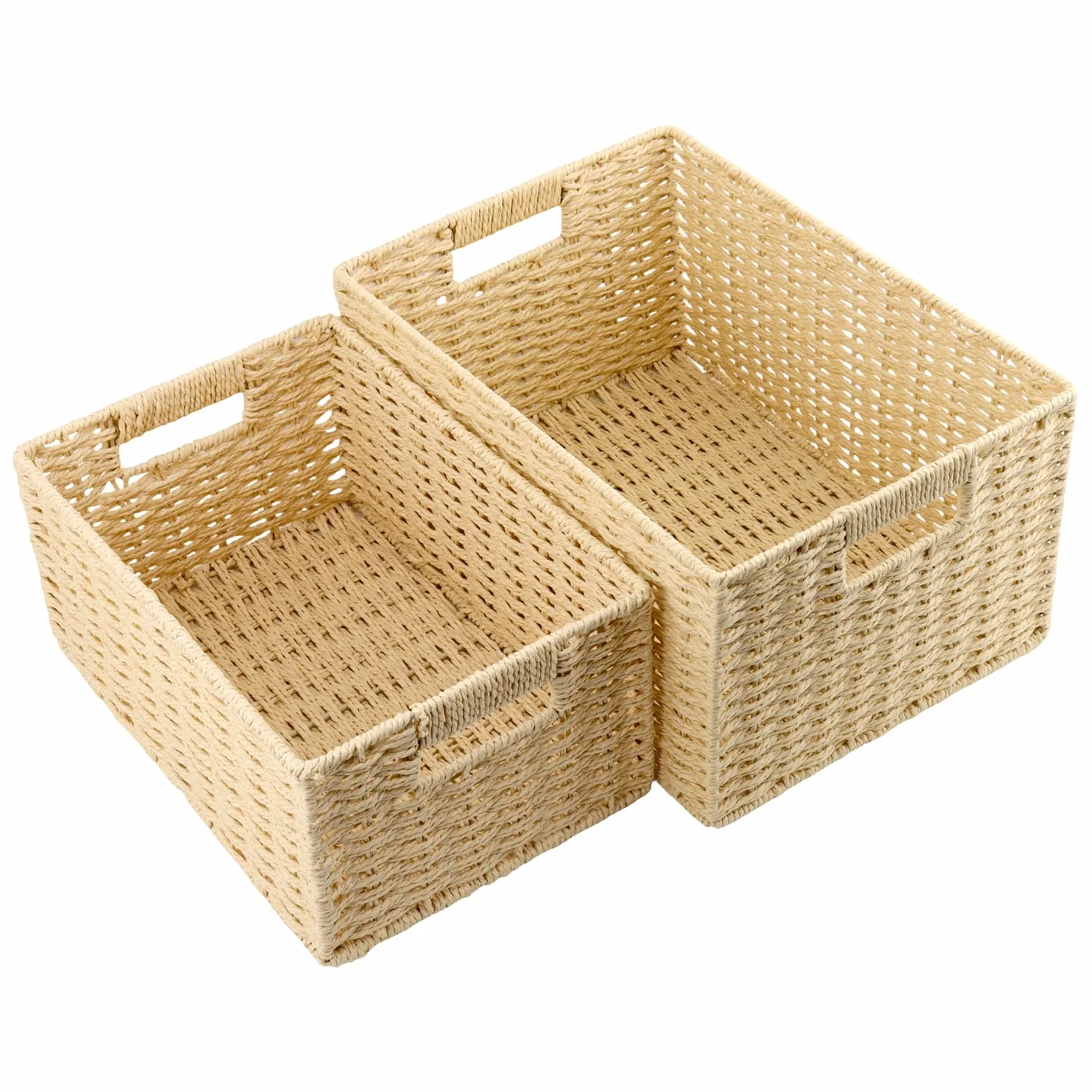 2-częściowy zestaw rattanowych koszyków do przechowywania, plecionych, można układać w stos, kosz rattanowy z papieru, pleciony kosz do łazienki i sypialni, 35 x 25 x 18 cm i 31 x 21 x 15 cm