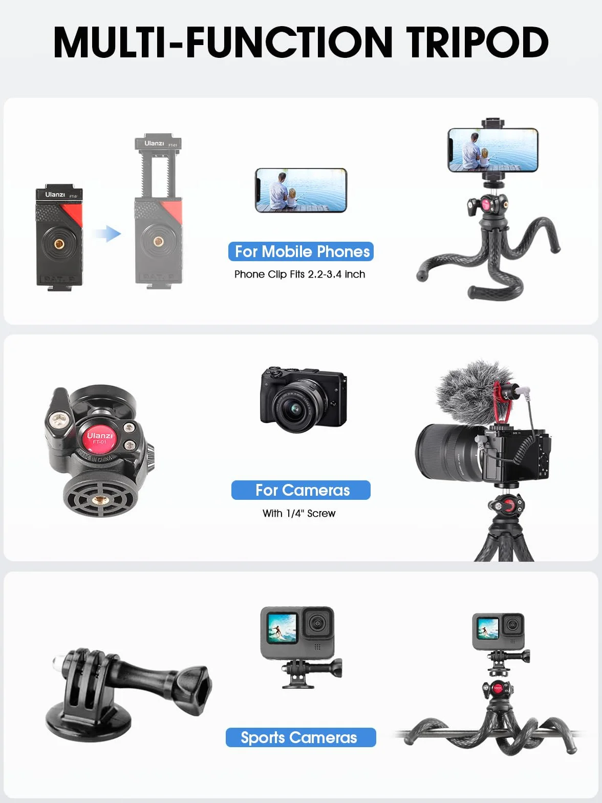 ULANZI FT-01 Elastyczny statyw do smartfona z pilotem Bluetooth, elastyczny mini statyw z uchwytem na zimny pazur, śruba 1/4" magiczne ramię, uniwersalny do iPhone'a 16 Samsung Canon Nikon Sony