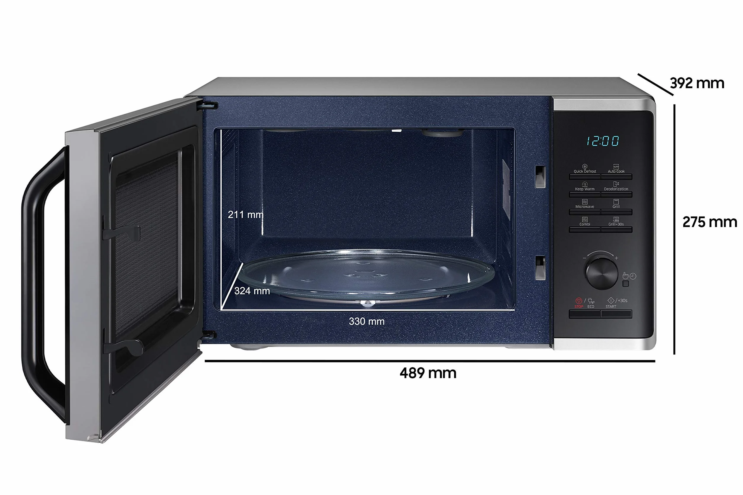Samsung MG2AK3515AS/EG kuchenka mikrofalowa z grillem, 800 W, 23 komora gotowania, szerokość 48,9 cm, Quick Defrost, 27 programów automatycznych, kolor srebrny