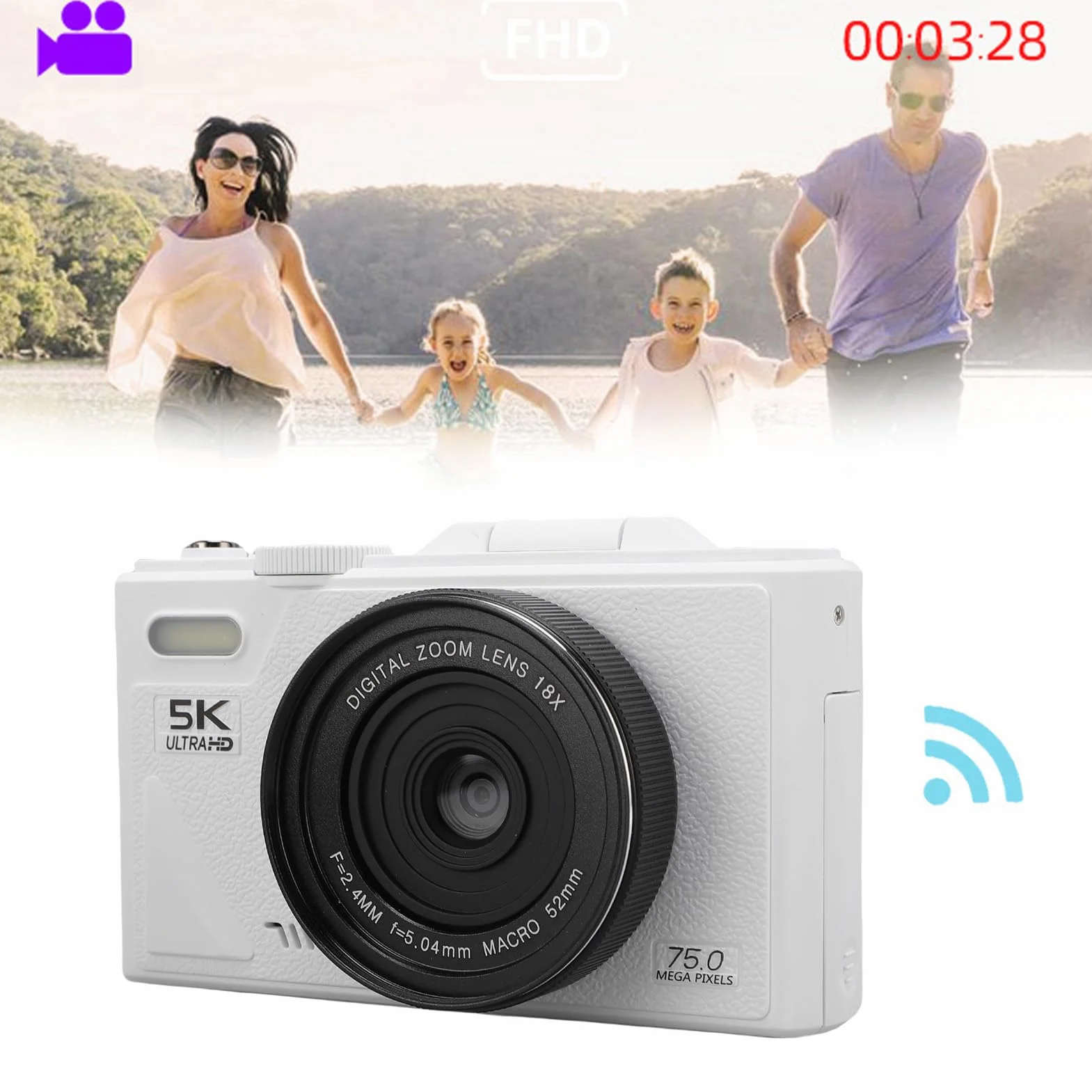 Kamera Cyfrowa 5K do Fotografii, 75MP Wi -Fi Autofocus Vlogging Cameras do YouTube z Ekranem Flip 3 -Cal, 18x Cyfrowy Zoom i Anti Shake, Aparat Wideo Obsługuje kartę 128G