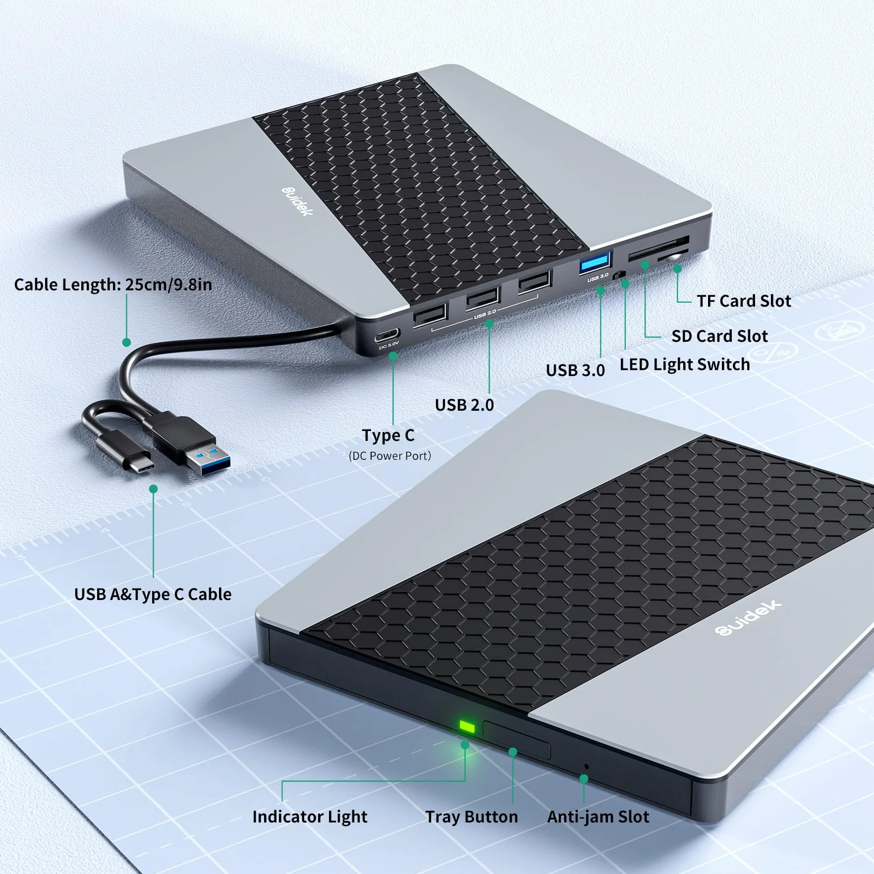 SUIDEK Zewnętrzny napęd CD/DVD, USB 3.0 USB C, przenośny odtwarzacz CD DVD +/-RW, odtwarzacz DVD z czytnikiem kart SD/Micro SD, koncentrator 7 w 1, kompatybilny z laptopem, komputerem stacjonarnym,