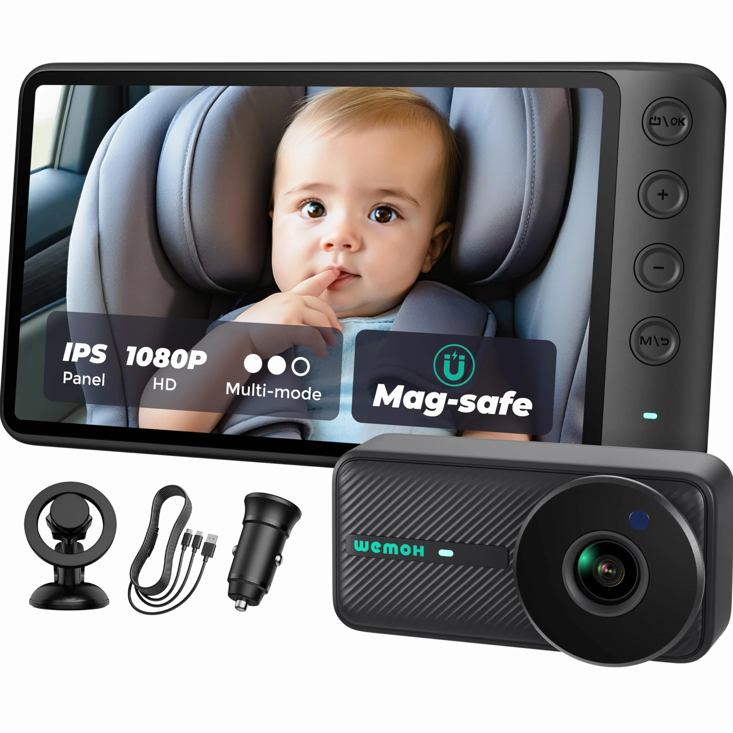 Magnetyczna Kamera dla Dzieci w Samochodzie, 5'' 1080P HD IPS Magnetyczne Montowanie Ekranu, Automatyczna Noktowizja, 360° Obrót z Trybem Split & Zoom, Kamera do Fotelika USB do Montażu Tyłem do