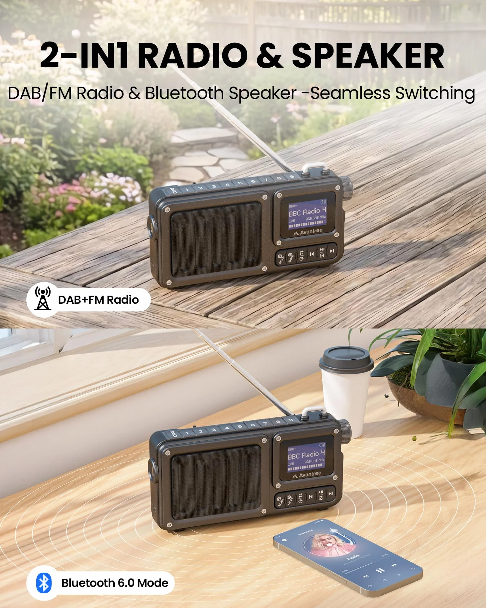 Avantree SP851 Przenośne radio DAB+/FM z Bluetooth 6.0, ładowalne lub zasilane sieciowo, z odtwarzaczem TF/USB