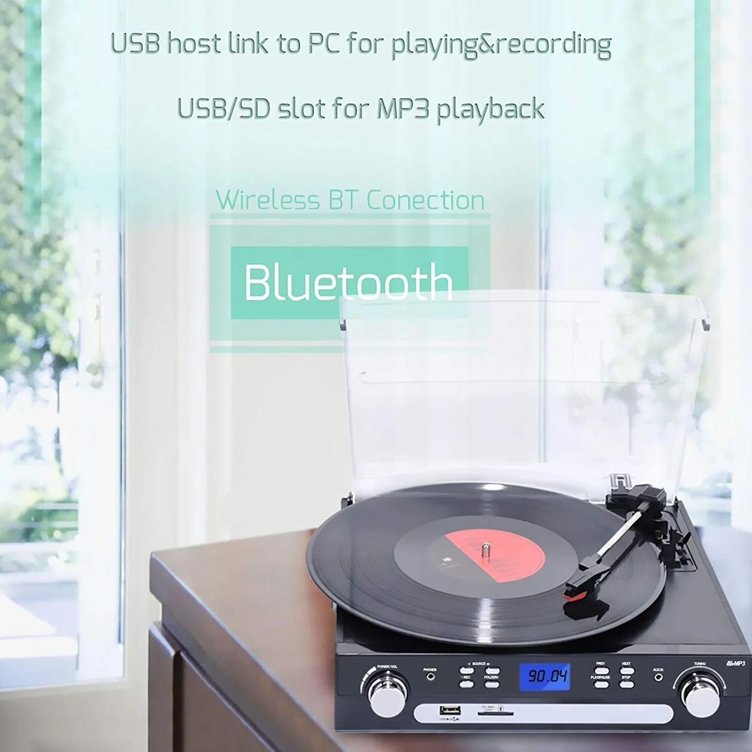 DIGITNOW! Gramofon winylowy Bluetooth, gramofon z głośnikami stereo, obsługuje kasetę, radio AM/FM, kodowanie USB z winylu do MP3