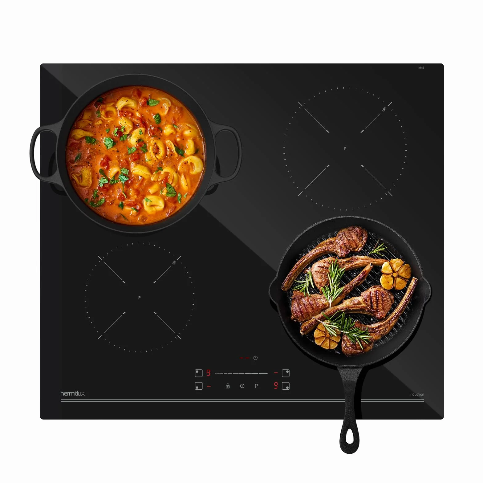 Hermitlux Płyta indukcyjna 60 cm, 7400W, wbudowana płyta kuchenna z 4 strefami gotowania, 9 poziomów mocy, odpowiednia do garnków z żelaza i stali nierdzewnej, brak wtyczki w zestawie