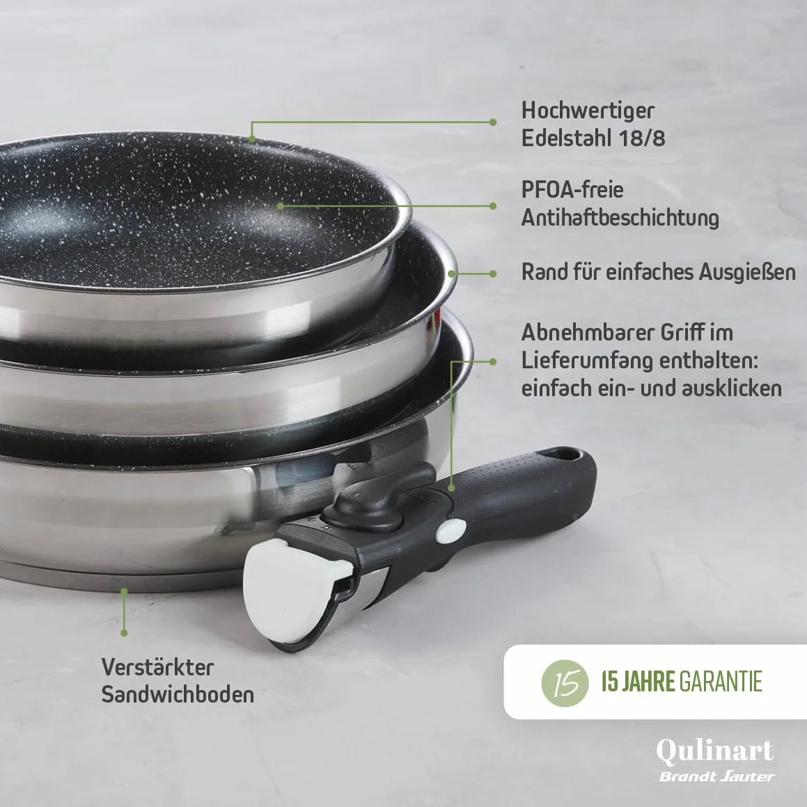 Qulinart by Brandt 4-częściowy zestaw naczyń indukcyjnych - zestaw 3 patelni ze stali nierdzewnej 20, 24 i 26 cm ze zdejmowanym uchwytem - stal nierdzewna - zestaw do każdego ognia - bez PFOA -