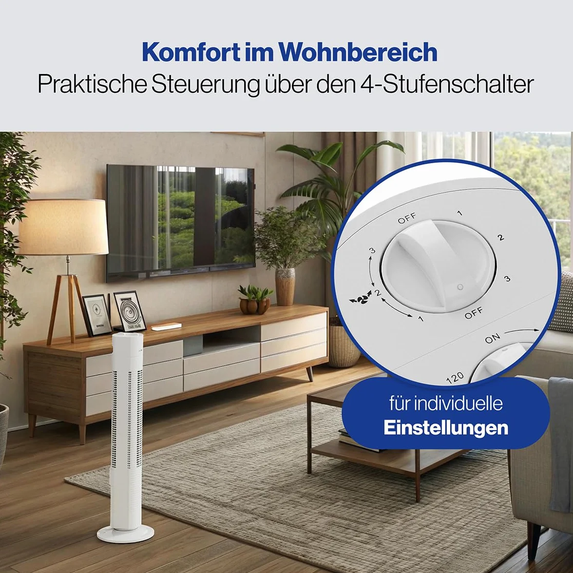 Clatronic Wentylator wieżowy TVL 3770, 3 poziomy prędkości, oscylacja 75°, timer 120 minut, biały