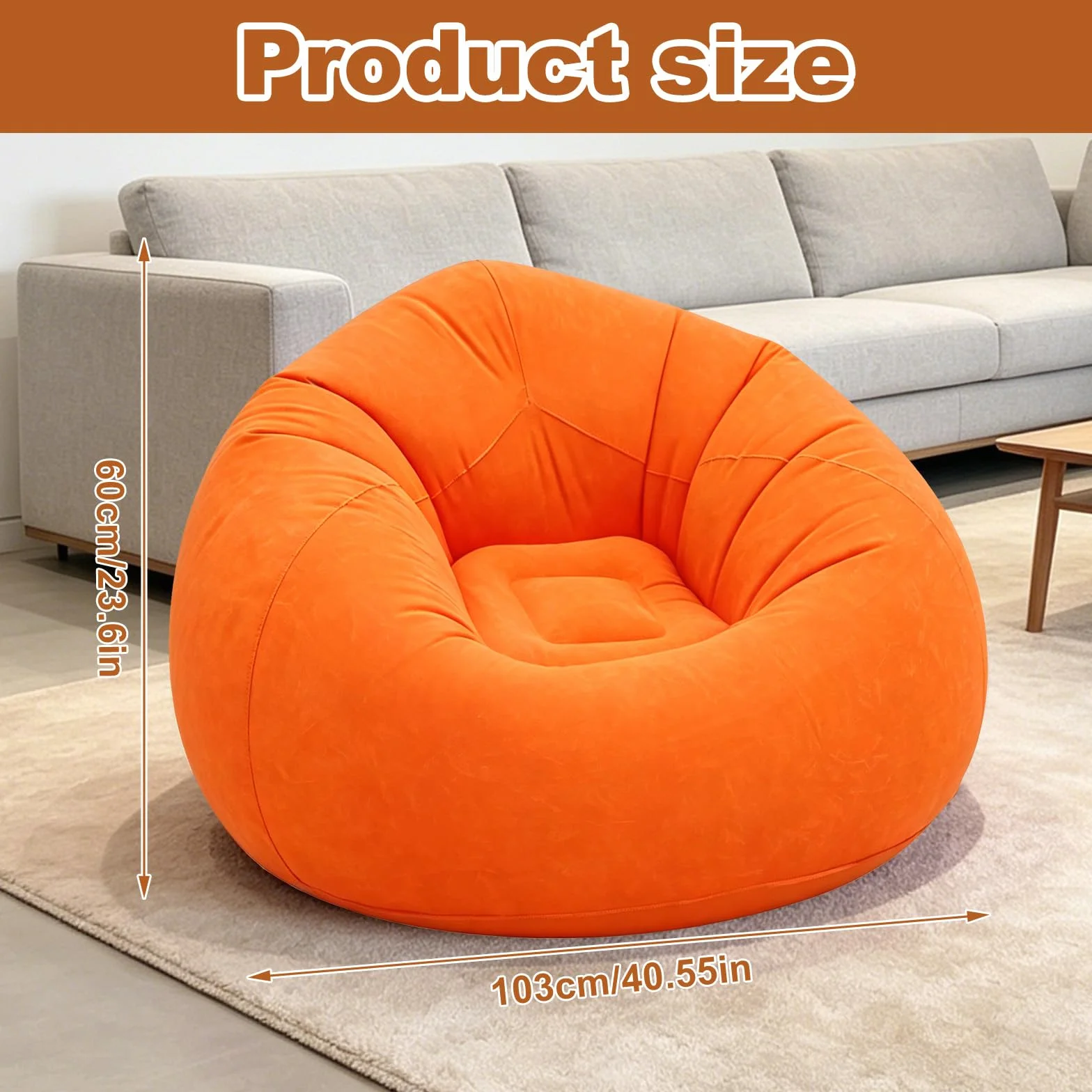 FARYODI Sofa dmuchana, nadmuchiwana kanapa, 105 x 105 x 60 cm, bardzo miękki fotel, bez wypełnienia ziarnami, szybko nadmuchiwany i przenośny, do salonu, ogrodu, na kemping (pomarańczowa)