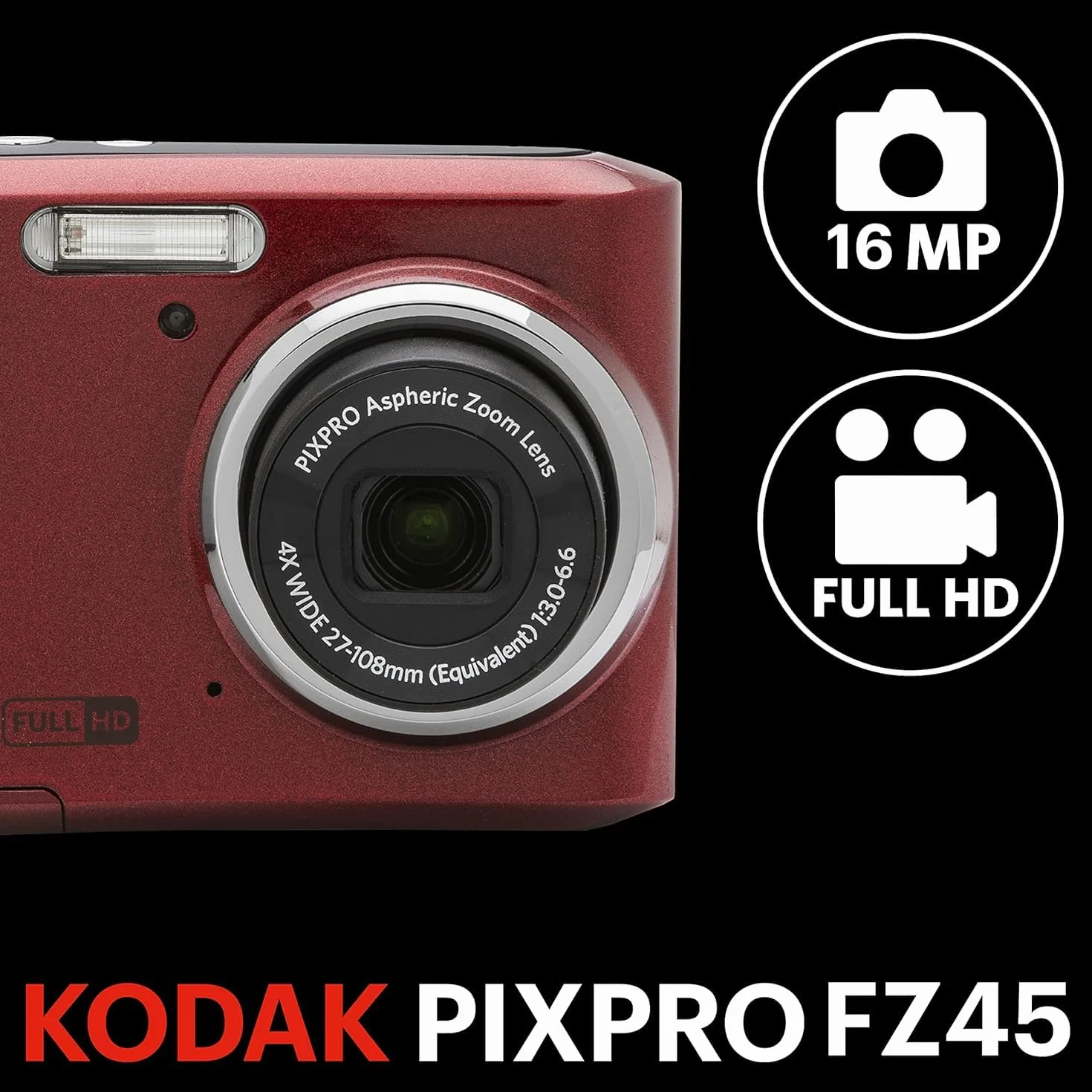 KODAK Pixpro - FZ45 - Kompaktowy Aparat Cyfrowy 16,44 Megapiksela - Czerwony - 1280 x 720p