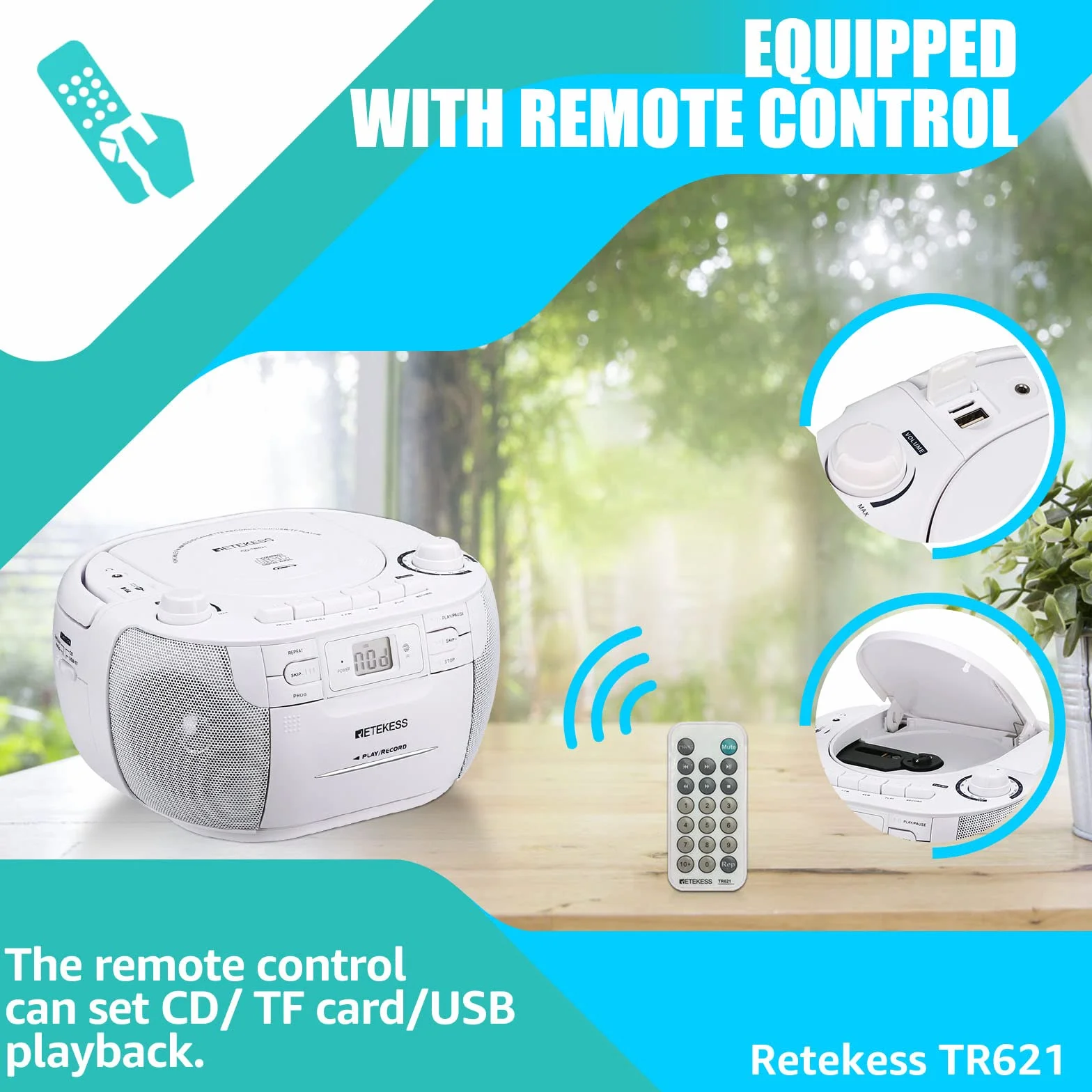 Retekess TR621 Przenośny Odtwarzacz CD Boombox Stereo z Radiem AM FM, Odtwarzacz Kasetowy, Magnetofon Kasetowy, Obsługa USB/TF/Słuchawek, z Pilotem (Biały)