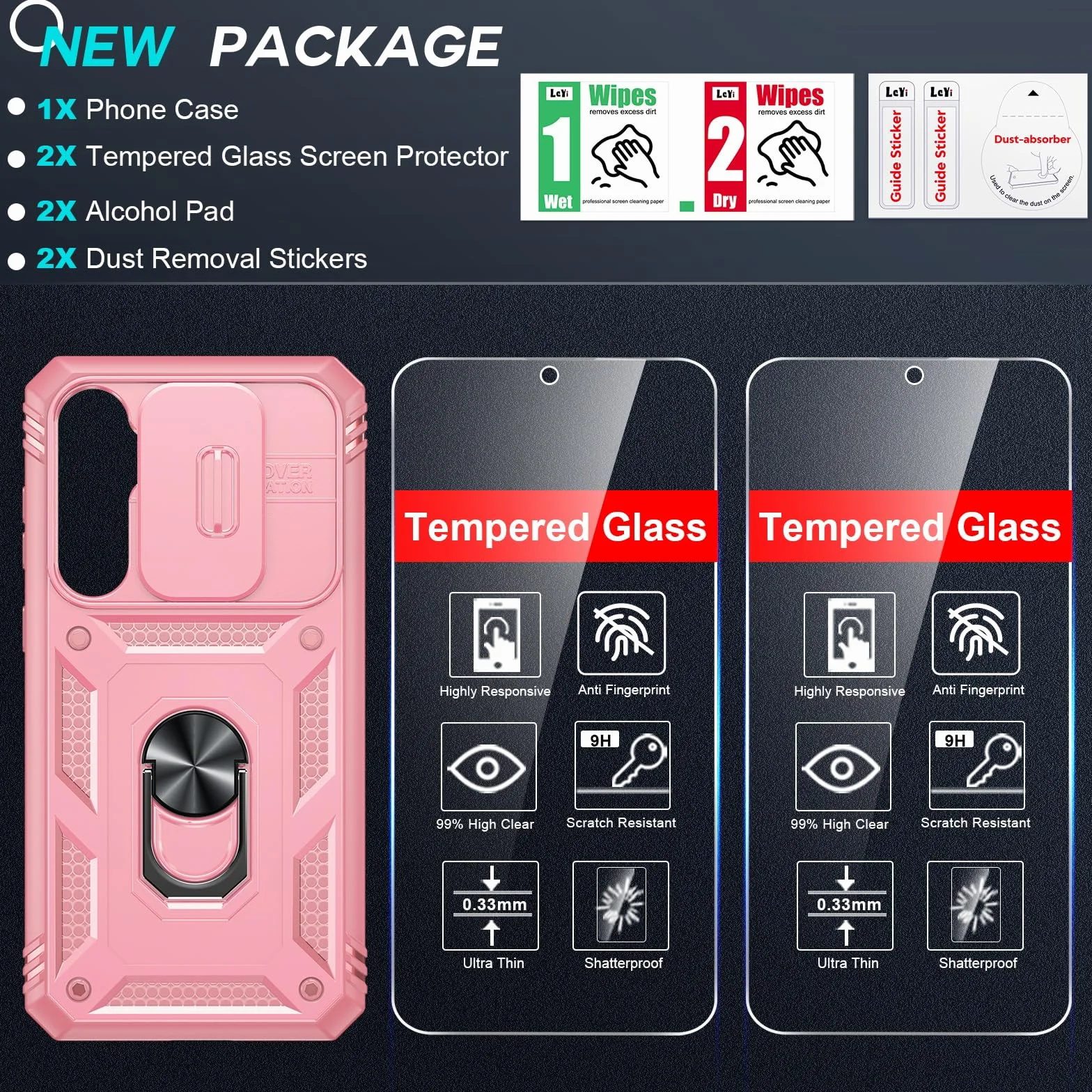LeYi Etui do Samsung S25FE z 2 folią ze szkła hartowanego, etui do Samsung Galaxy S25 FE 5G z ochroną aparatu [Slidable] Odporny na wstrząsy pierścień 360° uchwyt TPU etui zderzak, różowe
