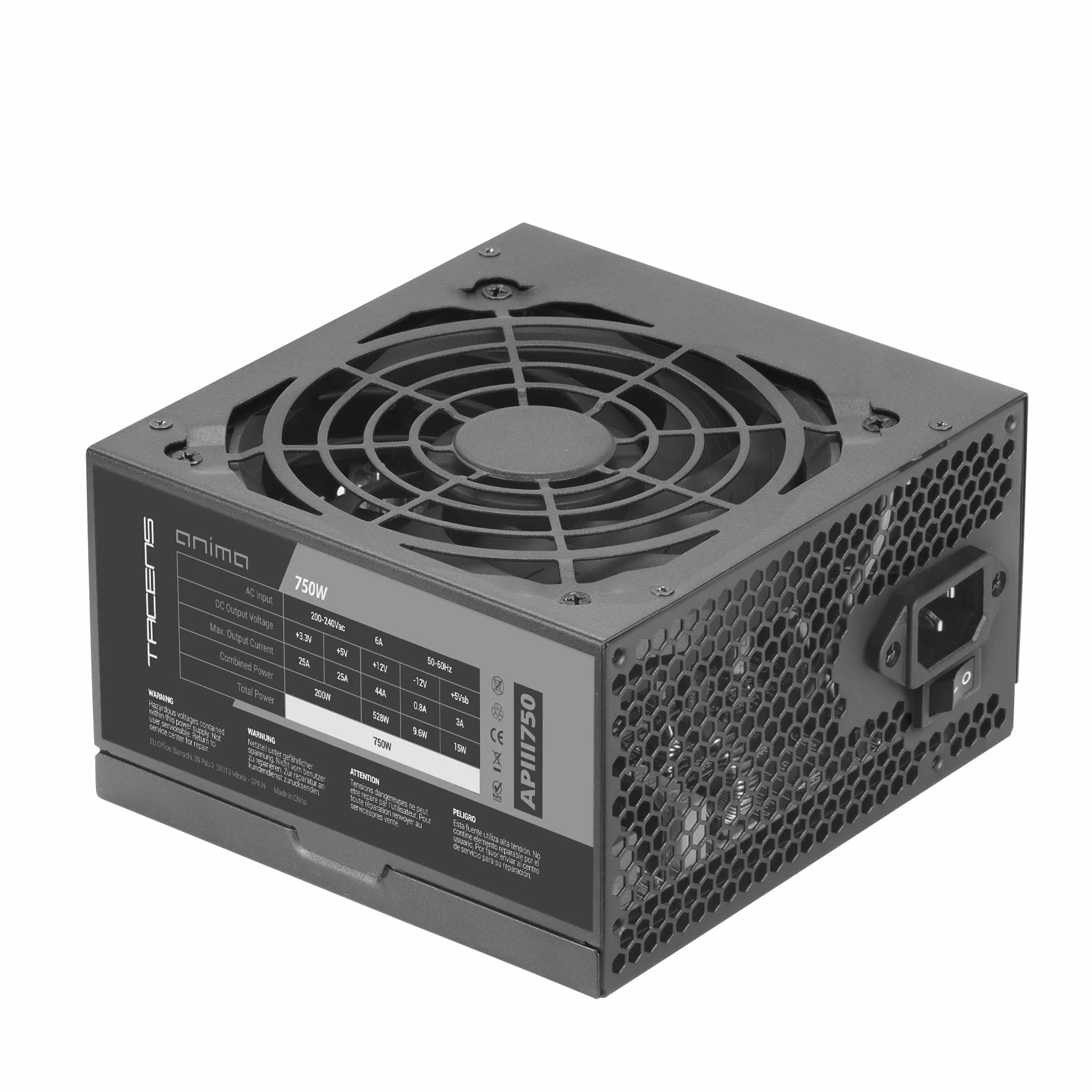 Tacens Anima APIII750, Zasilacz PC ATX 750W, Technologies DC-DC i SMD, 85% Wydajność 12V, Ultracichy Wentylator 12cm, Bardzo Długie Płaskie Kable, Czarny