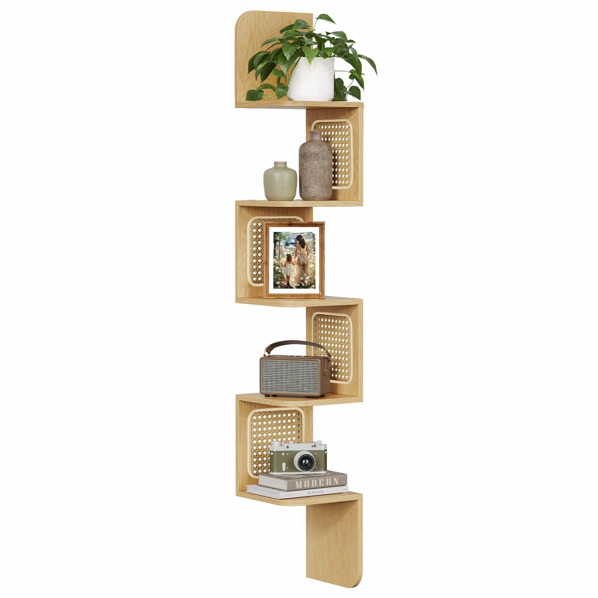VASAGLE Półka narożna 5-poziomowa pływająca ścienna Kształt zygzaka Rattan PVC Boho Dąb Beżowy