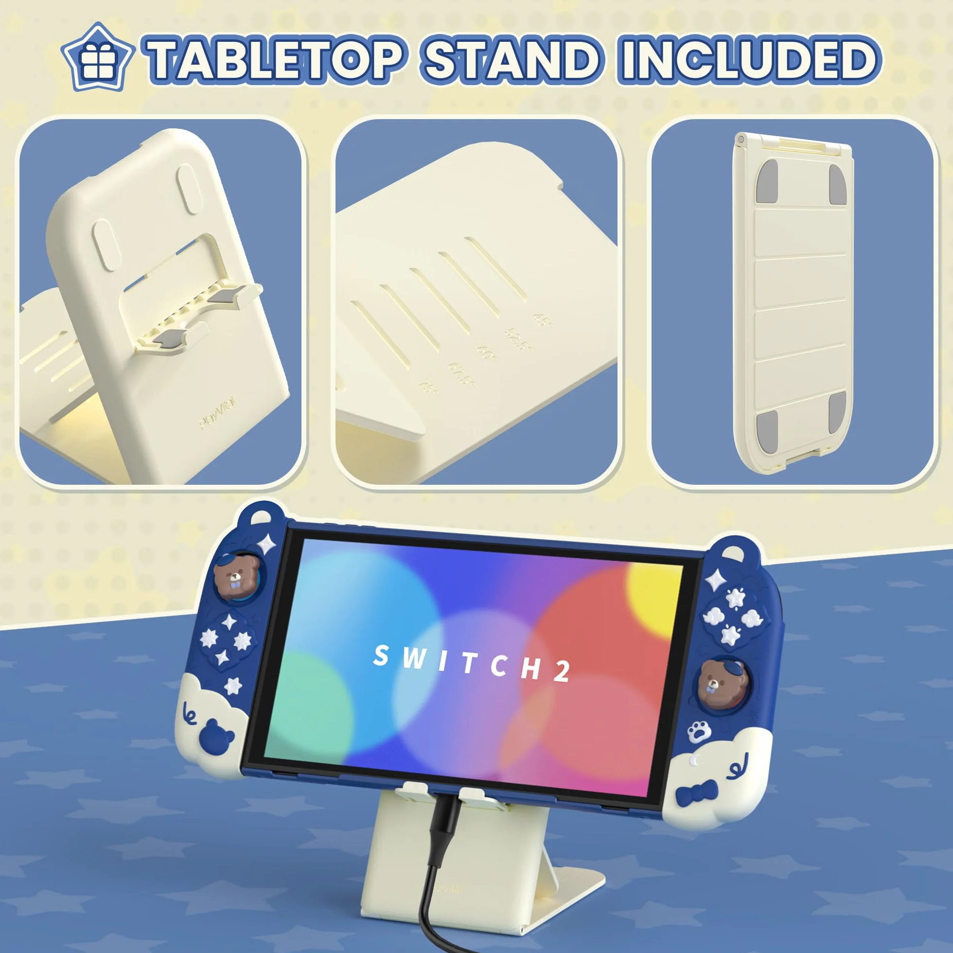 PlayVital Etui na Konsolę do Switch 2 z Silikonowymi Uchwytami Joycon do Switch 2 i Nakładkami Joysticki,Dockowalny Pokrowiec Ochronny–Niebieski,Styl Miś
