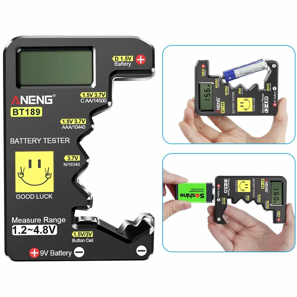 AXFEE Cyfrowy tester baterii, uniwersalny tester baterii, uniwersalny wyświetlacz LCD do sprawdzania baterii, przenośna pojemność baterii do AA AAA C D N 10440 16340 9V 1,5 V przycisk baterii