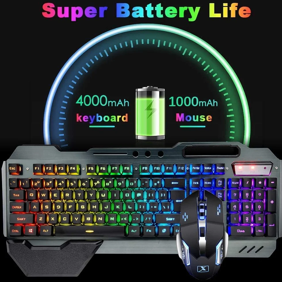 Bezprzewodowa klawiatura do gier, mysz z podświetleniem RGB, ładowalna mysz z baterią 5000 mAh, metalowy panel, zdejmowana podpórka pod rękę, klawiatura mechaniczna i 7 kolorów wyciszona mysz do gier