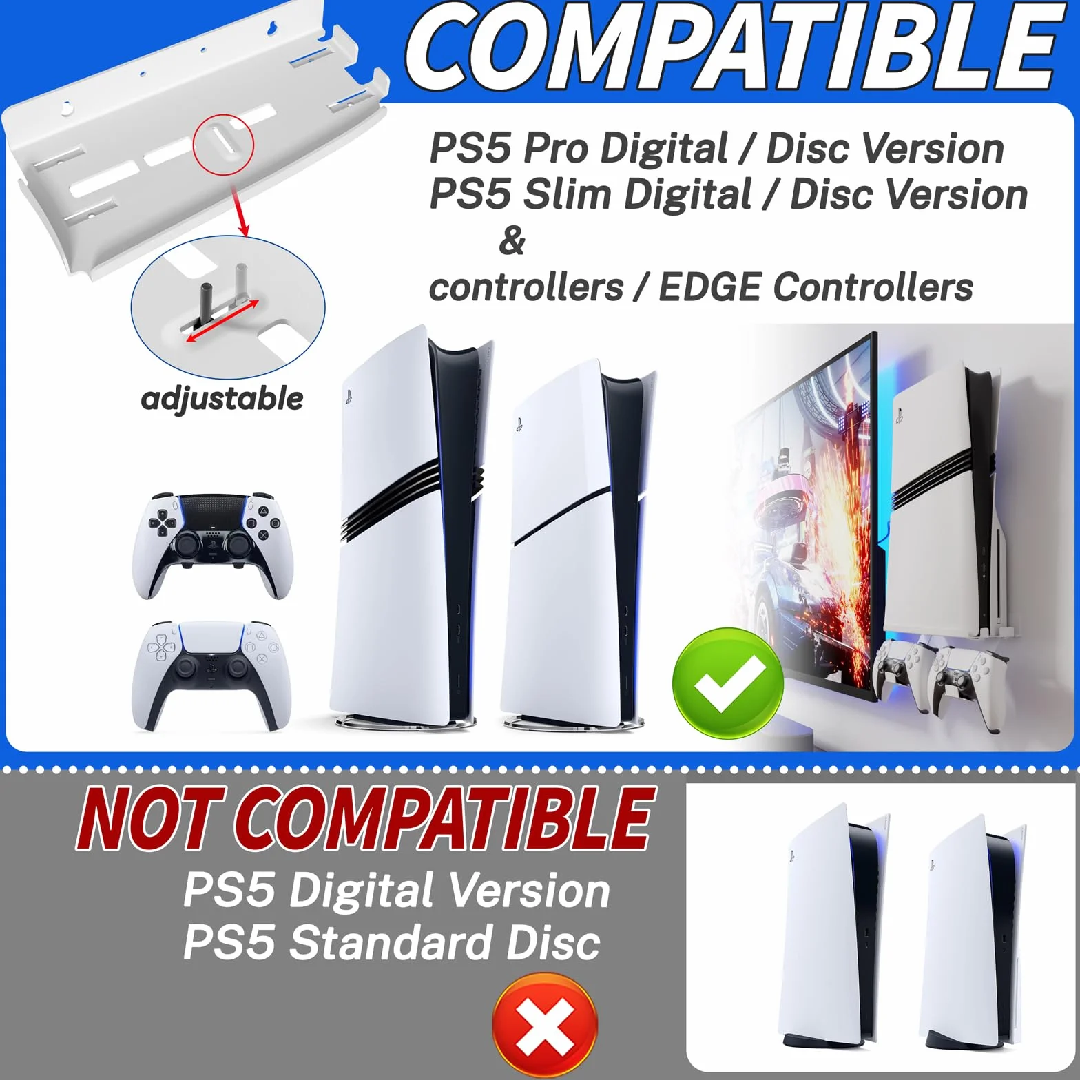 Uchwyt ścienny do PS5 Slim / PS5 Pro - stalowy wspornik 2mm kompatybilny z PlayStation 5 Slim Disc/Digital + uchwyt na 2 kontrolery