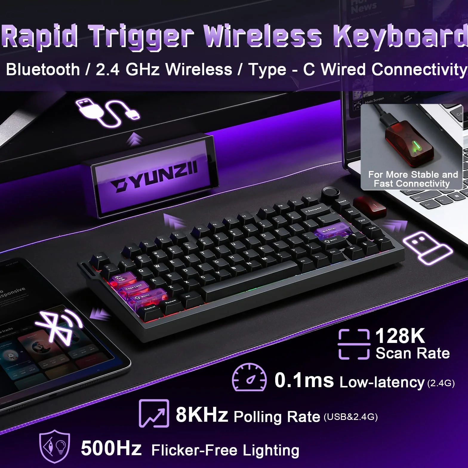 YUNZII RT75 PRO Bezprzewodowa Klawiatura Gamingowa, Hall Effect Mechaniczna Klawiatura Magnetyczna z Rapid Trigger, Bluetooth/USB-C/2.4G 8KHz Polling Rate (Czarny, Magnetic Red Switch)