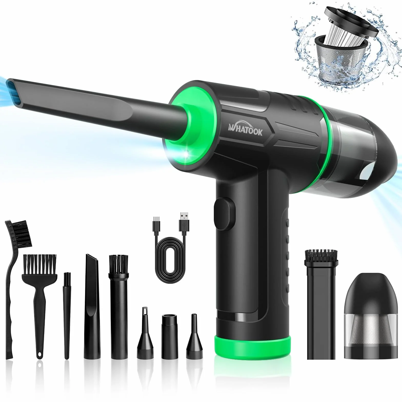 Elektryczna dmuchawa do kurzu, Bezprzewodowy odkurzacz do czyszczenia komputera， 3-biegowa dmuchawa Air Duster, wydajna 60 000 obr./min, z oświetleniem LED do komputera (Air Duster & Vacuum-Green)
