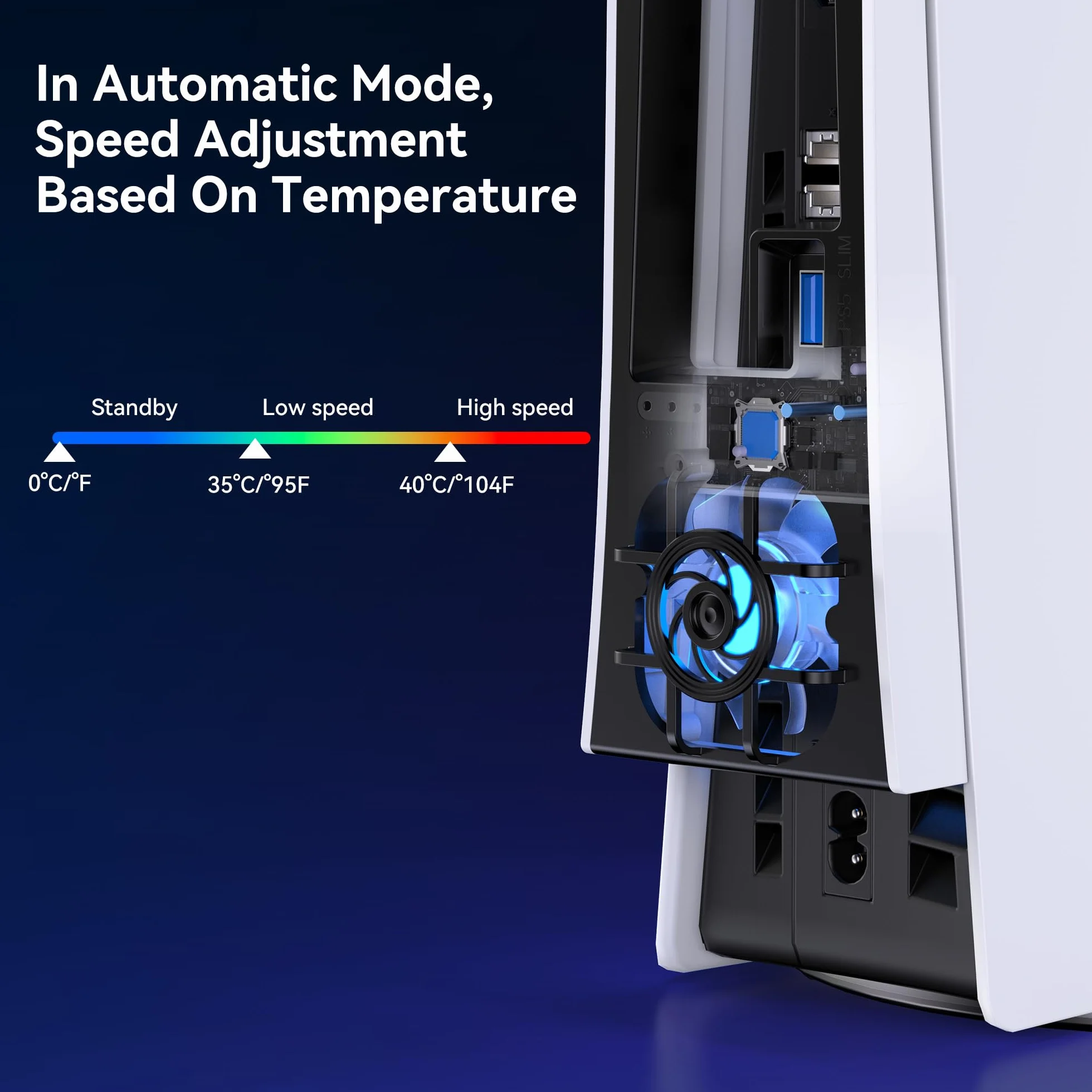 NEWDERY Wentylator chłodzący do konsoli PS5 Slim, ulepszony cichy wentylator chłodzący, automatyczna prędkość sterowana temperaturą, dynamiczne światło RGB, złącze USB 3.0, pasuje do Playstation 5