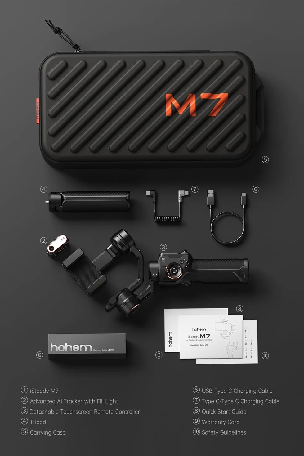 hohem iSteady M7 stabilizator do smartfona, tracker AI z regulowanym światłem RGB, zdejmowany pilot dotykowy, drążek przedłużający, stabilizator imbalowy o ładowności 500 g, dla iPhone i Android