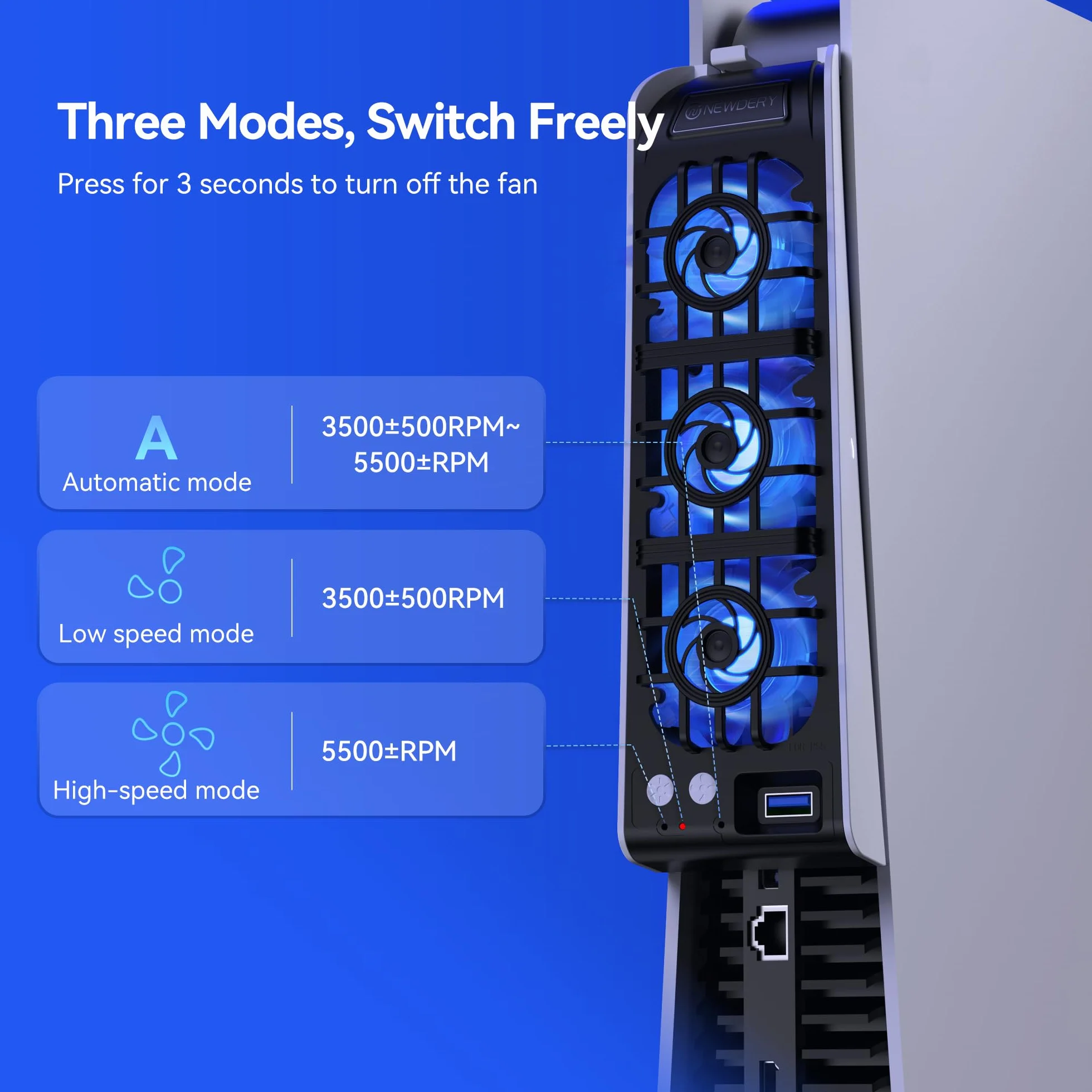 NEWDERY Wentylator do akcesoriów PS5, ulepszony cichy wentylator, automatyczna prędkość obrotowa dostosowana do temperatury, dynamiczne oświetlenie RGB, pasuje do PlayStation 5, nie pasuje do PS5 Slim