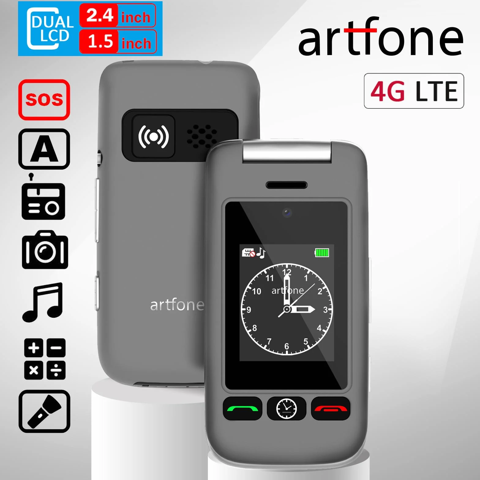 Telefon komórkowy dla seniorów Duże klucze z pokrywą Ekran 2,4+1,77 cala Przycisk awaryjny SOS Łatwy w użyciu aparat fotograficzny dla osób starszych,artfone D6 Flip 4G LTE, Czarny