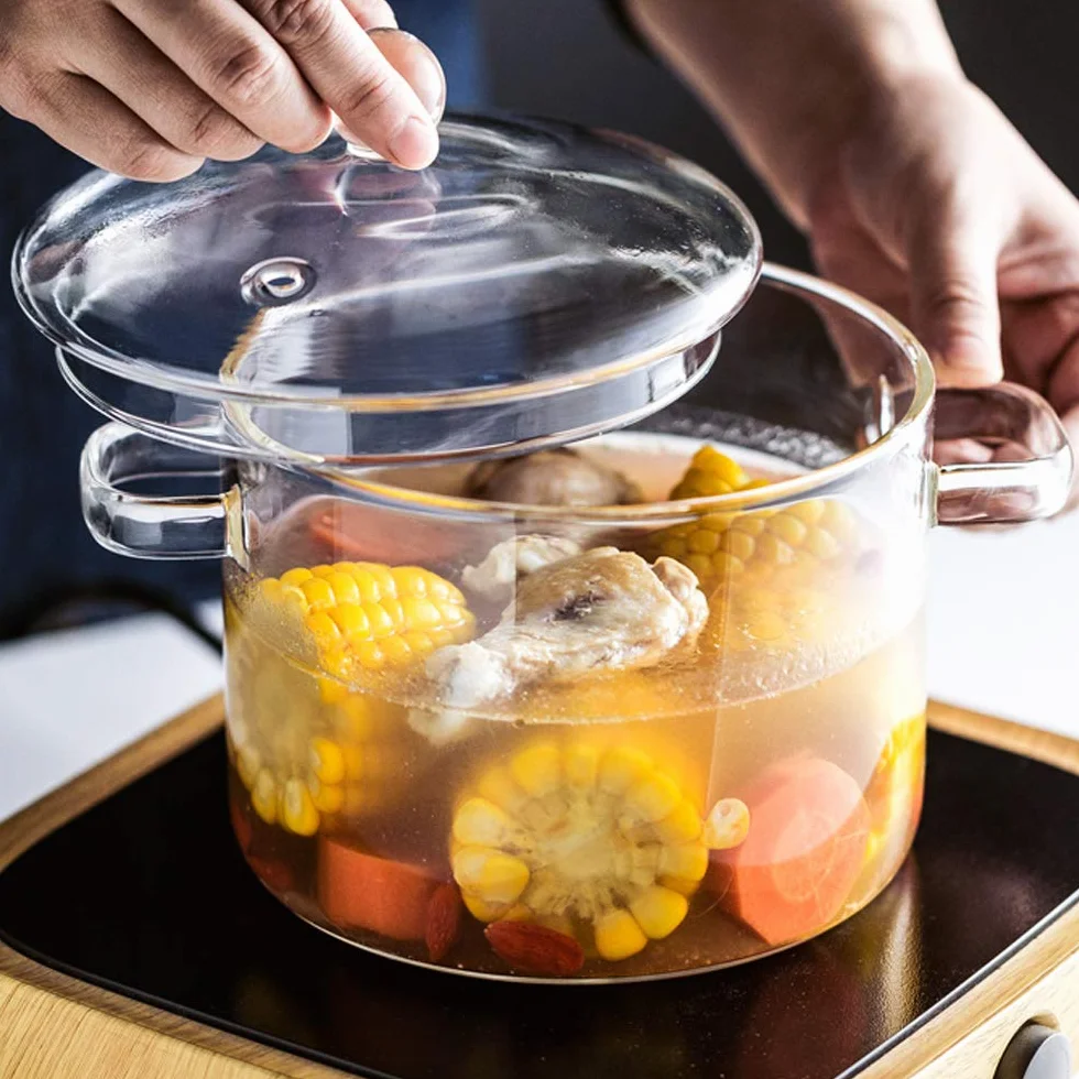Szklany garnek do zupy indukcyjnej o pojemności 1,5 l z łatwymi do chwytania uchwytami, garnek do duszenia z przykrytą pokrywką, na warzywa i zupę (2 uchwyty)