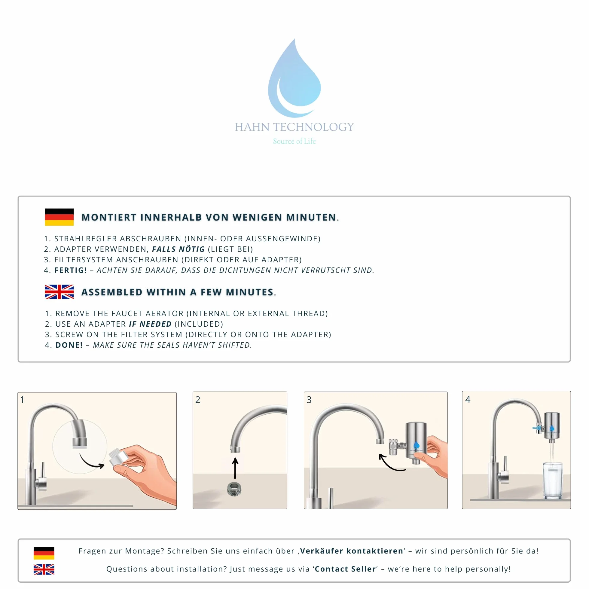 filtr do wody do kranu – obudowa ze stali nierdzewnej z wkładem filtracyjnym z węglem aktywnym Plus | Dla czystej wody pitnej | Usuwa chlor, mikroplastik i substancje szkodliwe