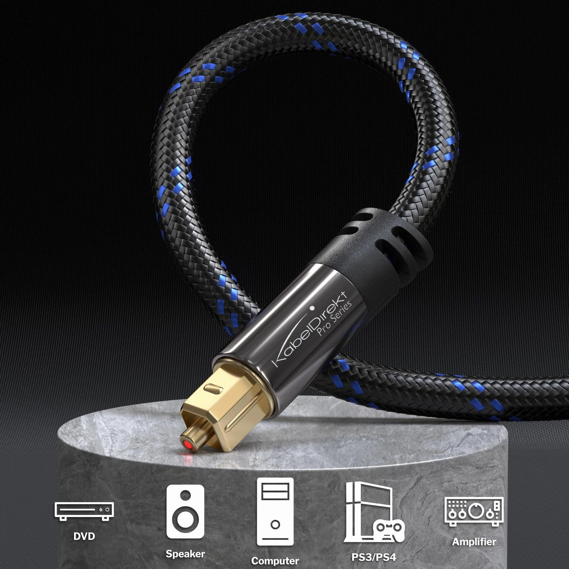 KabelDirekt – Optyczny kabel audio z 0% stratą sygnału – 2 m – Kabel TOSLINK w oplocie nylonowym (S/PDIF, światłowodowy do kina domowego, wzmacniaczy, Gaming, PS4/Xbox)