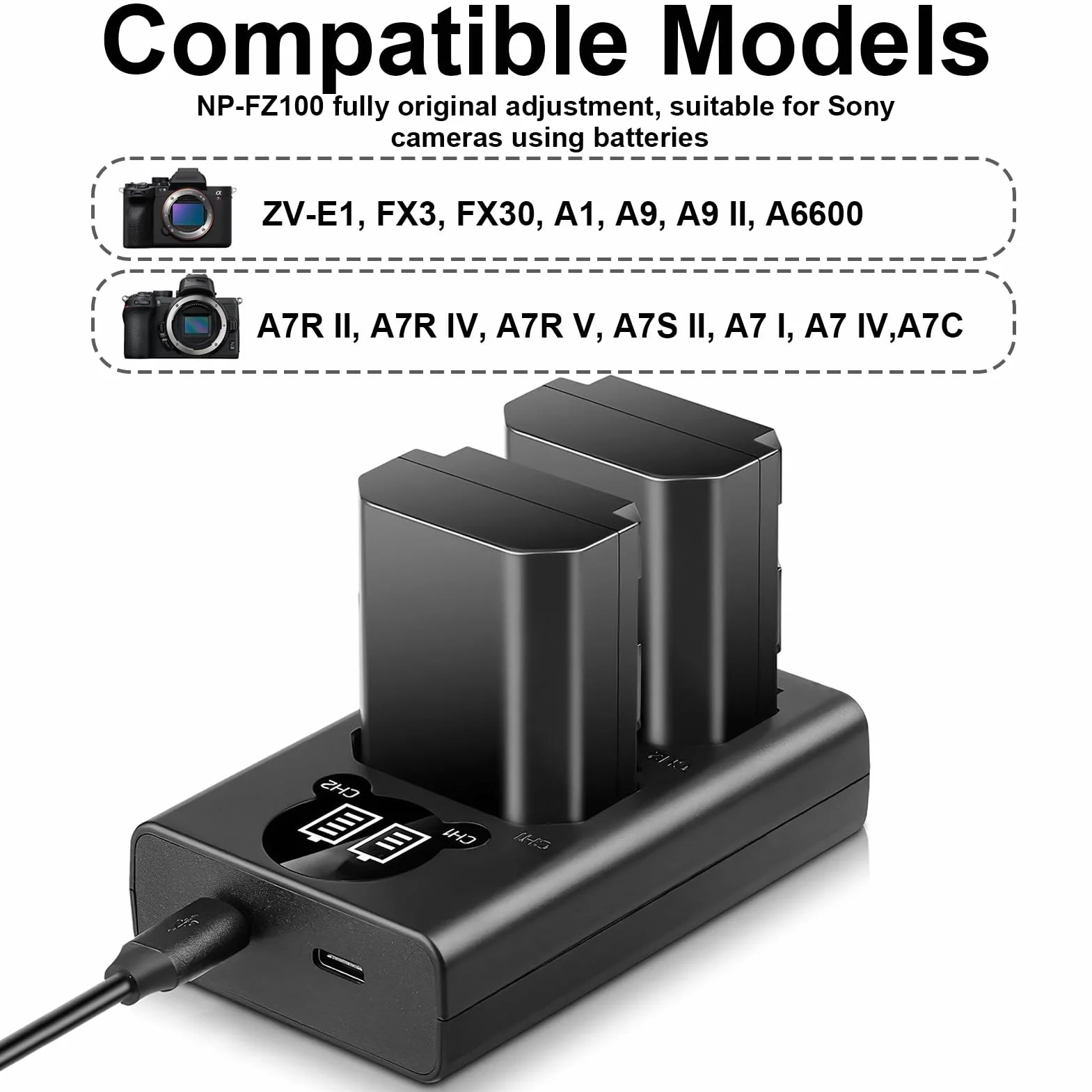 Ładowarka NP-FZ100 z podwójnym gniazdem i wyświetlaczem LCD, ładowarka Micro USB i Type-C do Sony FX30