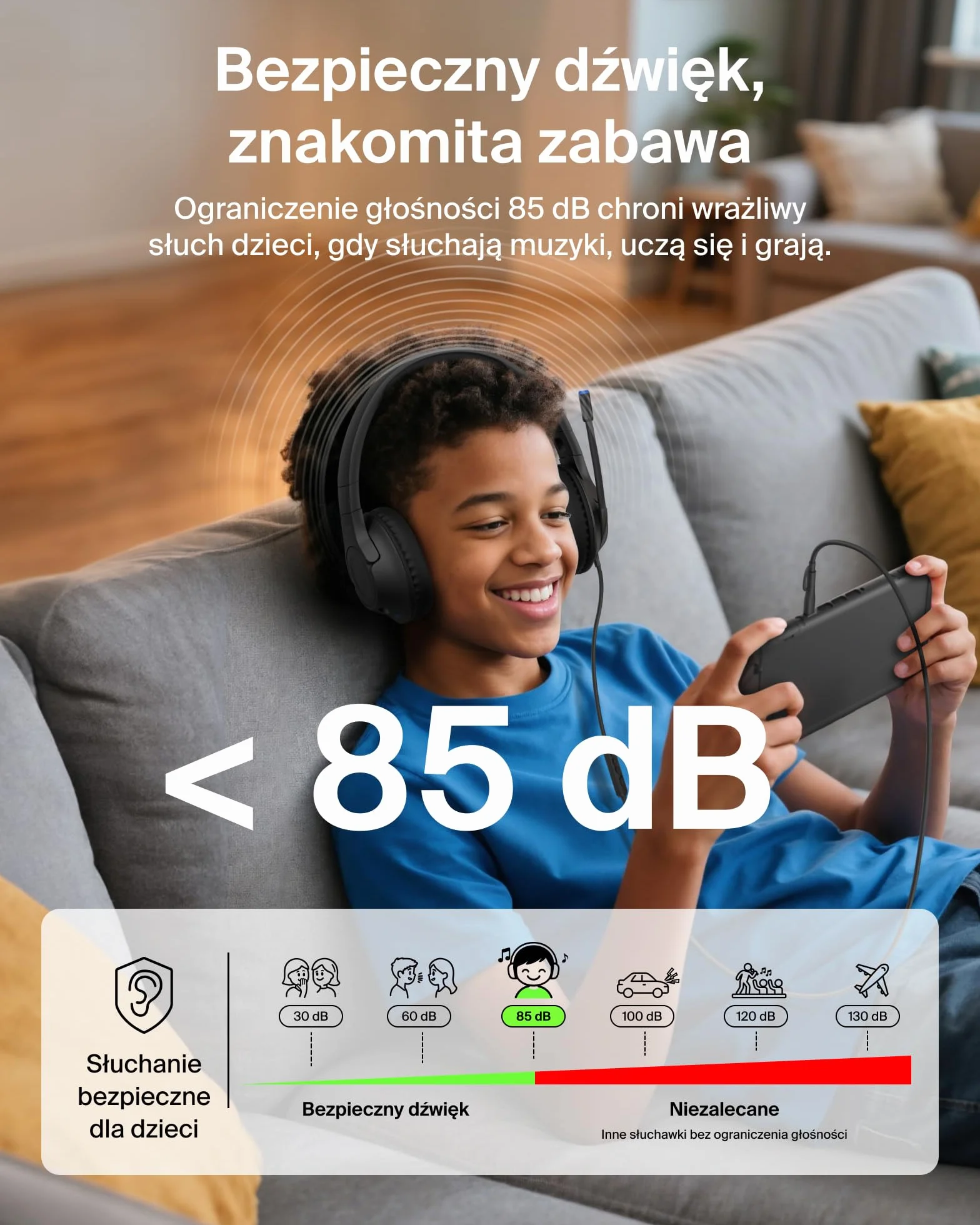 Belkin Gaming Inspire przewodowe słuchawki nauszne dla dzieci, przejściówka USB-C, mikrofon na wysięgniku, ograniczenie głośności 85 dB, zgodność z Nintendo Switch 2, idealne do podróży – czarne
