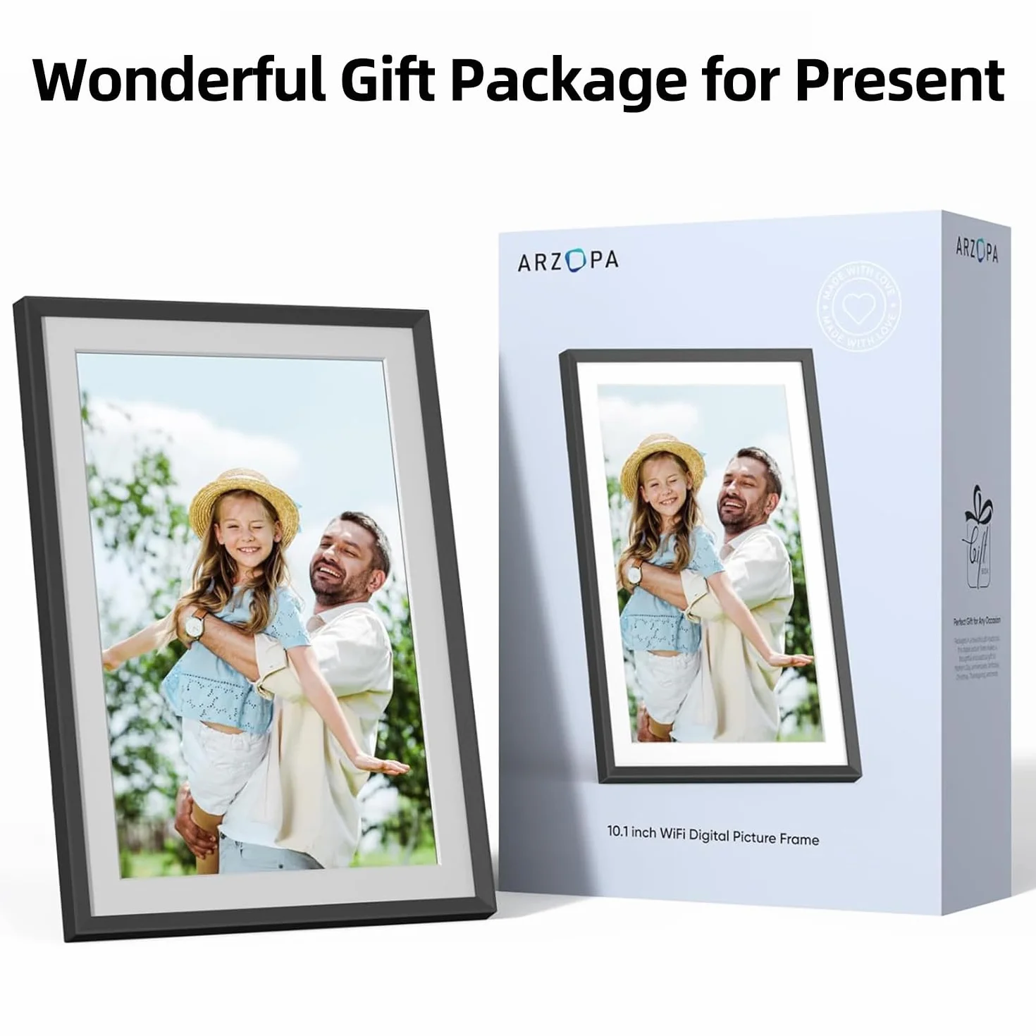 ARZOPA Cyfrowa Ramka na Zdjęcia WiFi 10,1 Cala 32 GB HD IPS Ekran dotykowy Cyfrowa ramka na zdjęcia Auto Obracanie Udostępnianie Zdjęć Filmy Muzyka przez App Frameo Kalendarz Zegar Pogoda