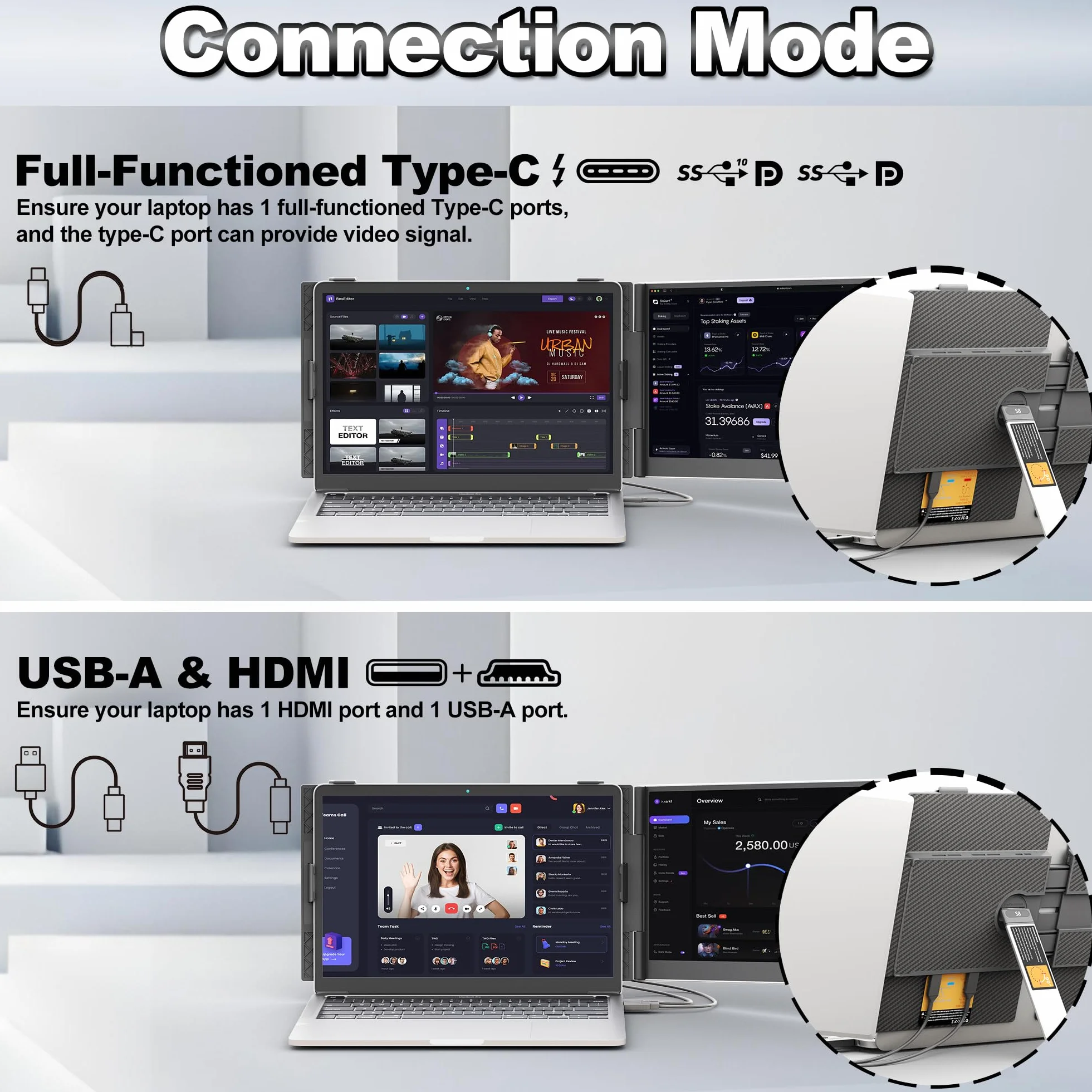 domyfan Przedłużacz ekranu do laptopa, ultralekki 600 g, podwójny przedłużacz monitora do laptopa, 1080p Full HD, przenośny monitor do Windowsa, Mac, PS5, Switch, Plug & Play, współpracuje z laptopami