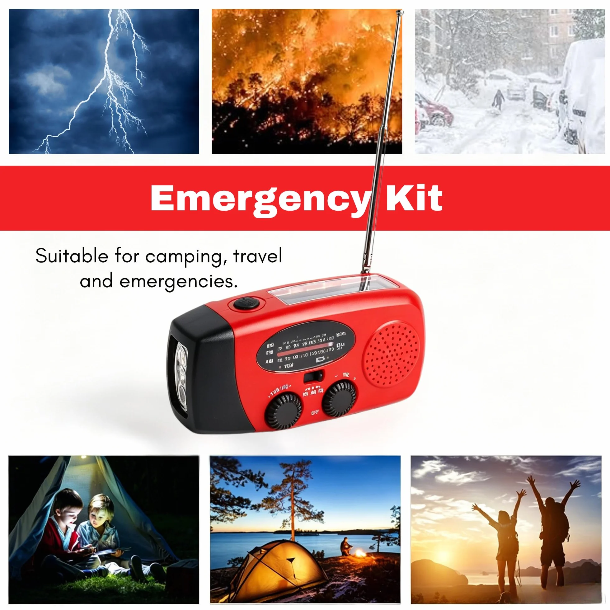 Awaryjne radio solarne z korbą ręczną, AM/FM/NOAA, z akumulatorem 2000 mAh, możliwość ponownego ładowania, na wędrówki, kemping, do użytku na zewnątrz