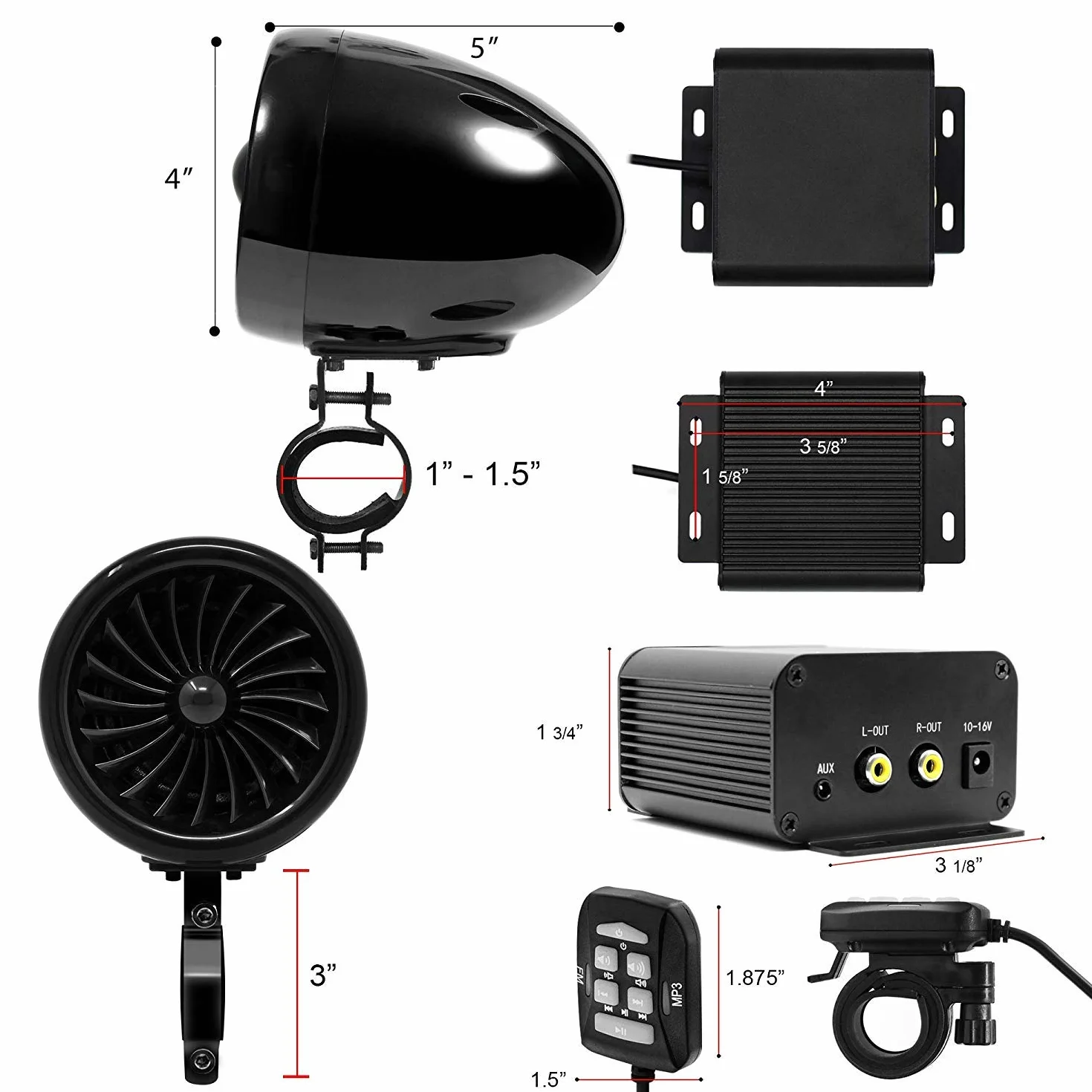 M150 Motocyklowy Wzmacniacz audio z AUX, MP3, Radio FM, 4 Cale, pełny zakres Wodoodporne głośniki stereo Bluetooth, pasuje do 1 do 1,5 w. Kierownica Motocykle ATV UTV (czarny, wentylator)