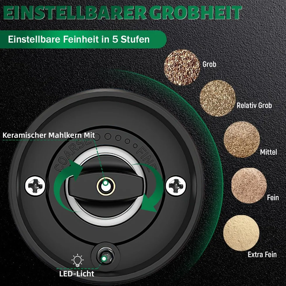 Ulepszony elektryczny zestaw młynków do soli i pieprzu, 2 sztuki młynków do przypraw, ogromna pojemność 120 ml, możliwość mielenia, regulowana grubość, światło LED, zasilanie bateryjne, łącznie ze